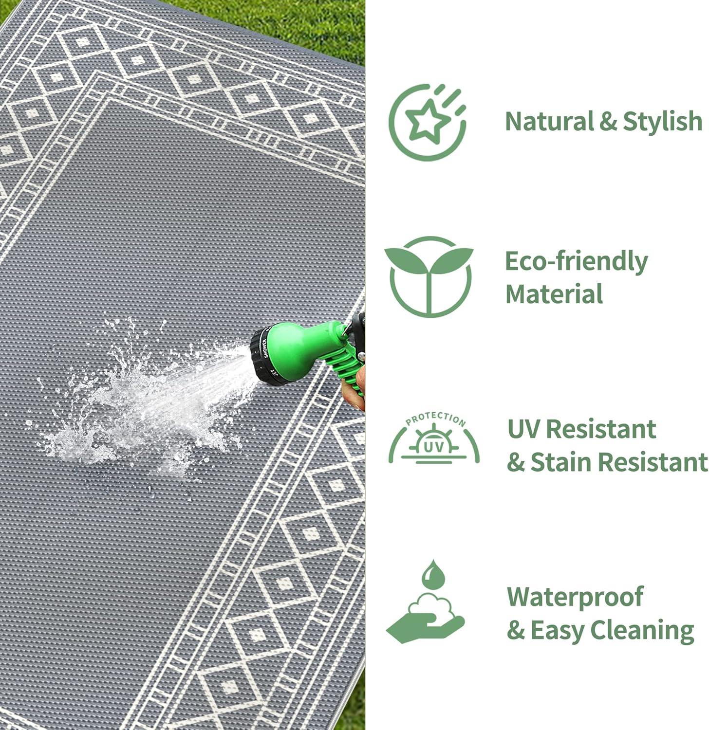 imageGENIMO Outdoor Rug 9 x 12 Waterproof for Patios Clearance Reversible Outdoor Plastic Straw Area Rug Carpet Large Camping Rug Mats for RV Backyard Deck Balcony Picnic GreyampampWhite