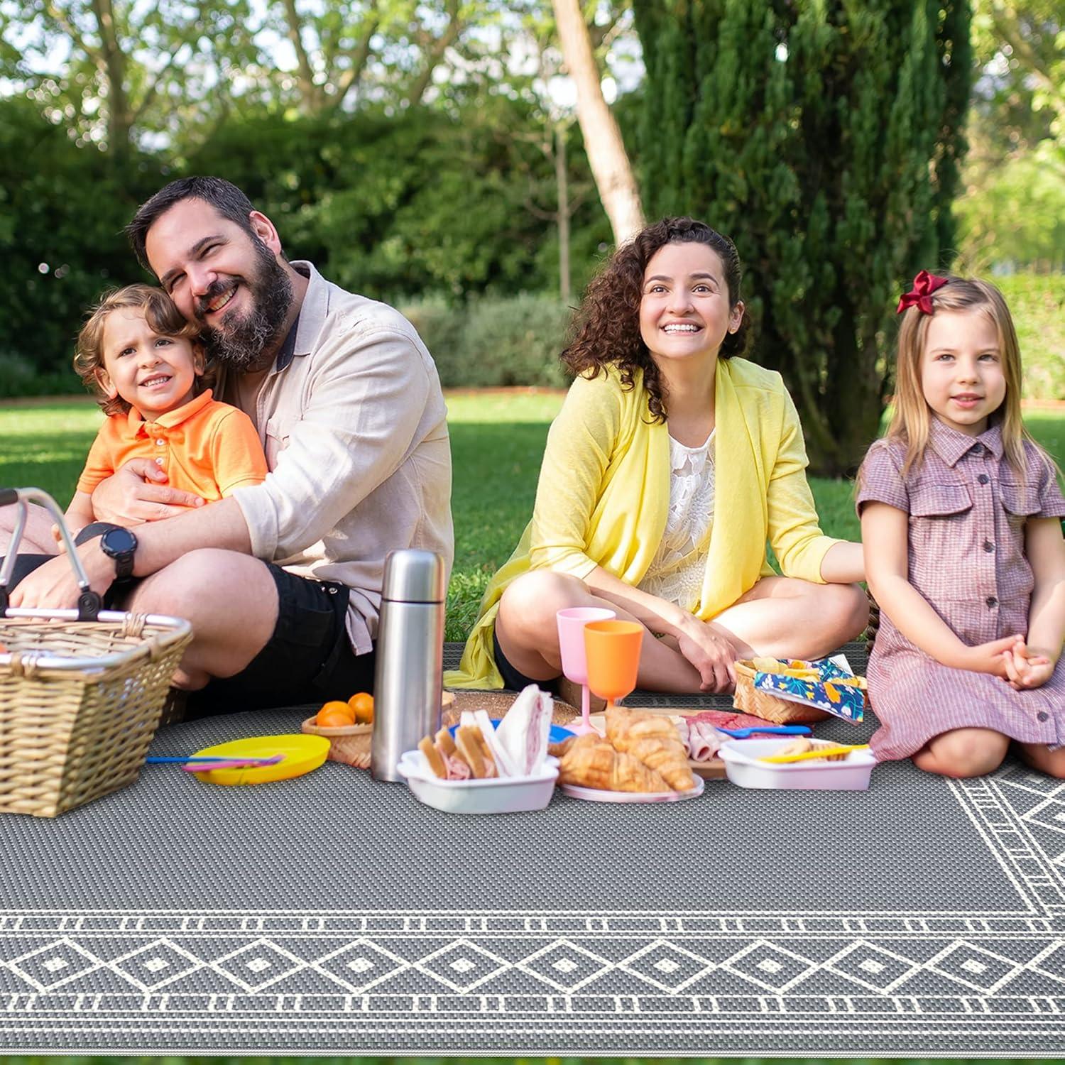 imageGENIMO Outdoor Rug 9 x 12 Waterproof for Patios Clearance Reversible Outdoor Plastic Straw Area Rug Carpet Large Camping Rug Mats for RV Backyard Deck Balcony Picnic GreyampampWhite