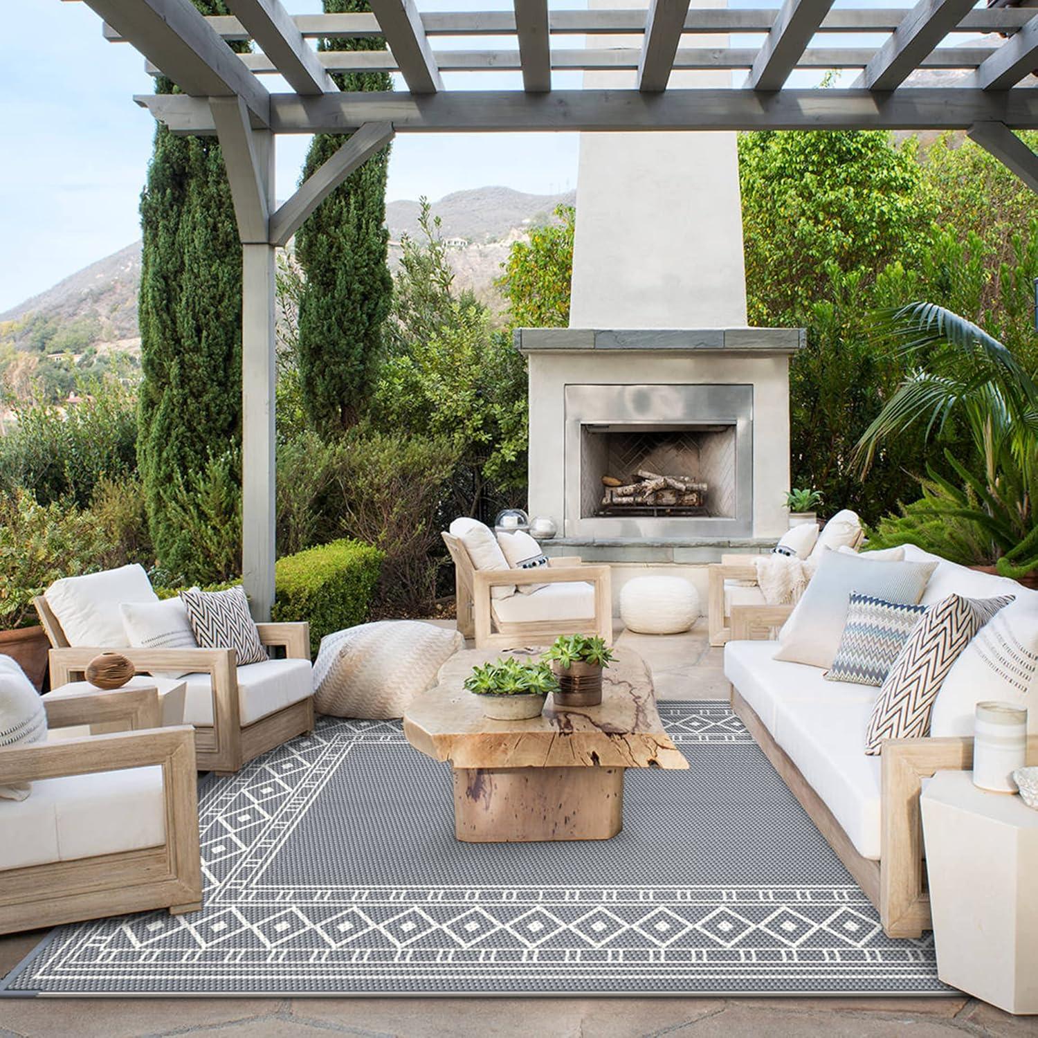 imageGENIMO Outdoor Rug 9 x 12 Waterproof for Patios Clearance Reversible Outdoor Plastic Straw Area Rug Carpet Large Camping Rug Mats for RV Backyard Deck Balcony Picnic GreyampampWhite