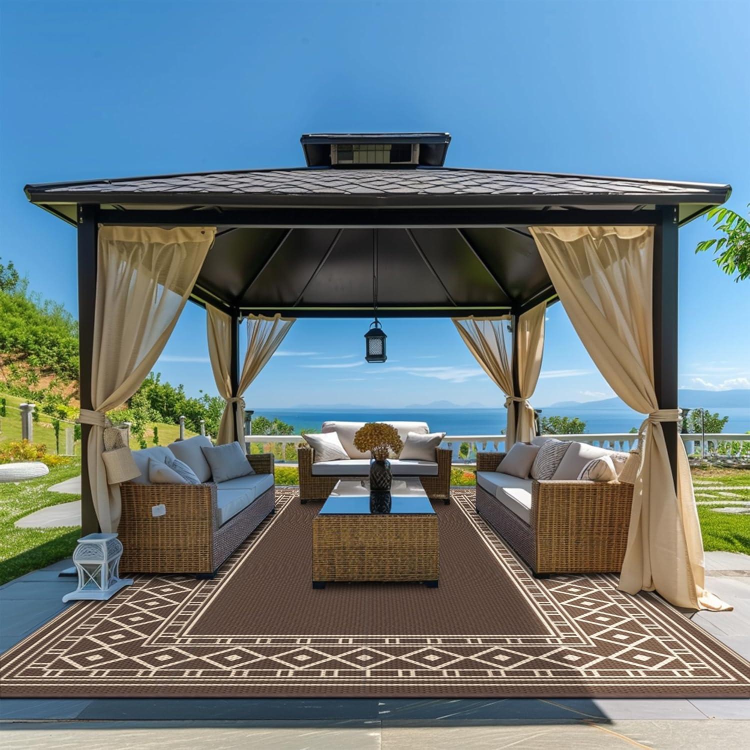 imageGENIMO Outdoor Rug Waterproof for Patio Decor 5x8 Reversible Plastic Straw Rug Carpet Camping Mats for Outdoor RV Backyard Deck Balcony Picnic Blue ampamp WhiteCoffee Beige Natural