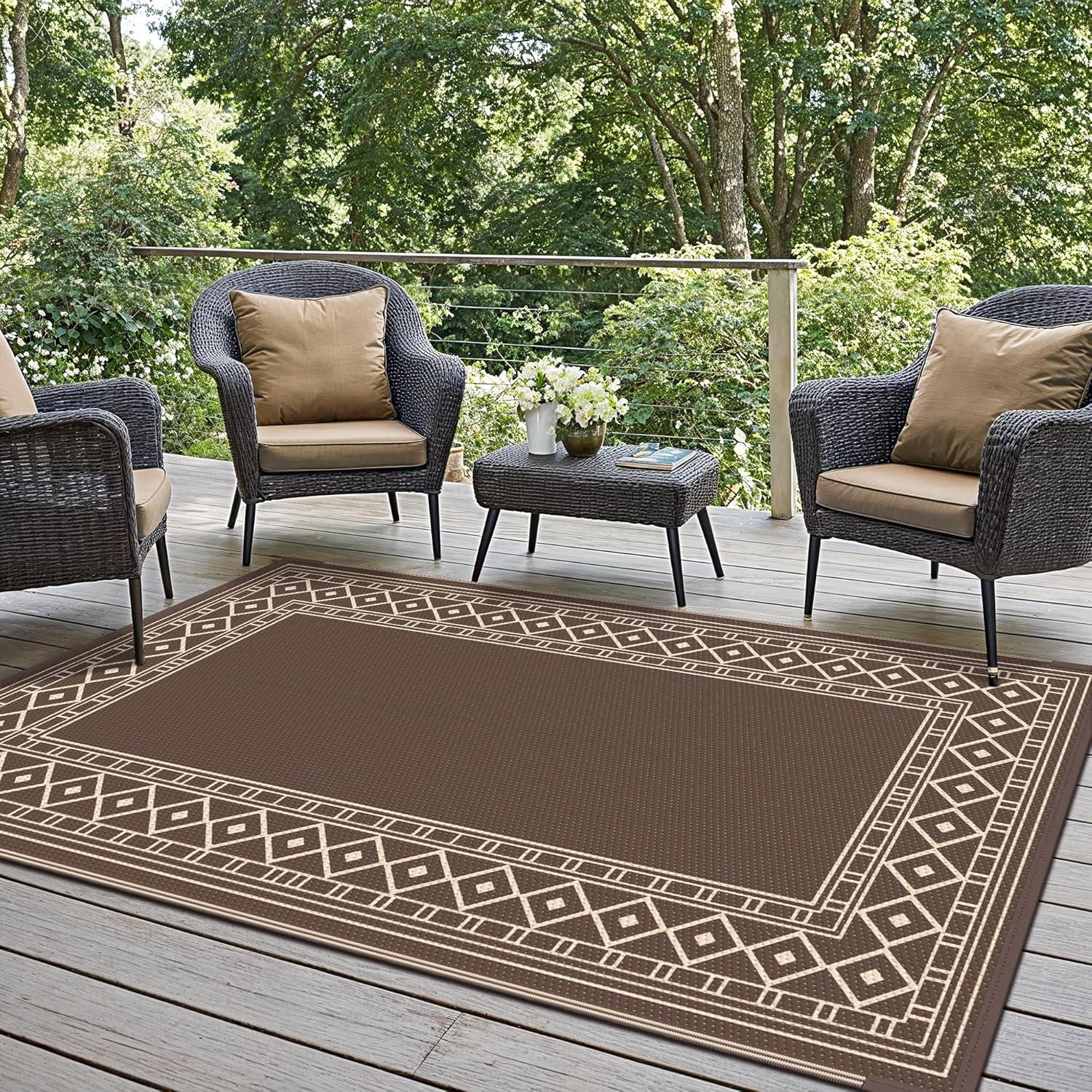 imageGENIMO Outdoor Rug Waterproof for Patio Decor 5x8 Reversible Plastic Straw Rug Carpet Camping Mats for Outdoor RV Backyard Deck Balcony Picnic Blue ampamp WhiteCoffee Beige Natural