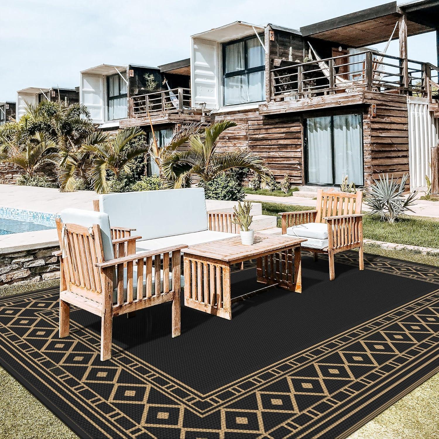 imageGENIMO Outdoor Rug Waterproof for Patio Decor 5x8 Reversible Plastic Straw Rug Carpet Camping Mats for Outdoor RV Backyard Deck Balcony Picnic Blue ampamp WhiteBlack Brown Natural