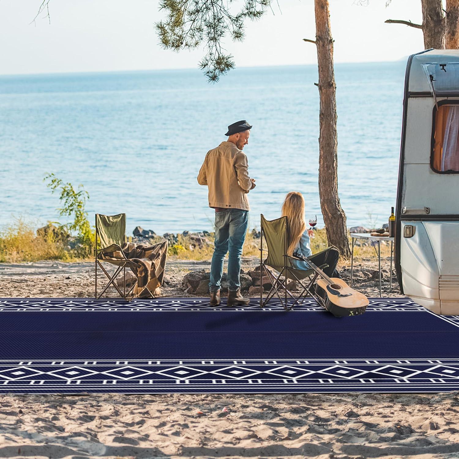 imageGENIMO Outdoor Rug Waterproof for Patio Decor 5x8 Reversible Plastic Straw Rug Carpet Camping Mats for Outdoor RV Backyard Deck Balcony Picnic Blue ampamp WhiteNavy Blue White Natural