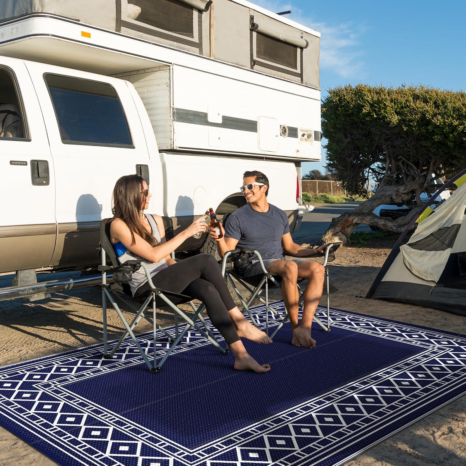 imageGENIMO Outdoor Rug Waterproof for Patio Decor 5x8 Reversible Plastic Straw Rug Carpet Camping Mats for Outdoor RV Backyard Deck Balcony Picnic Blue ampamp WhiteNavy Blue White Natural