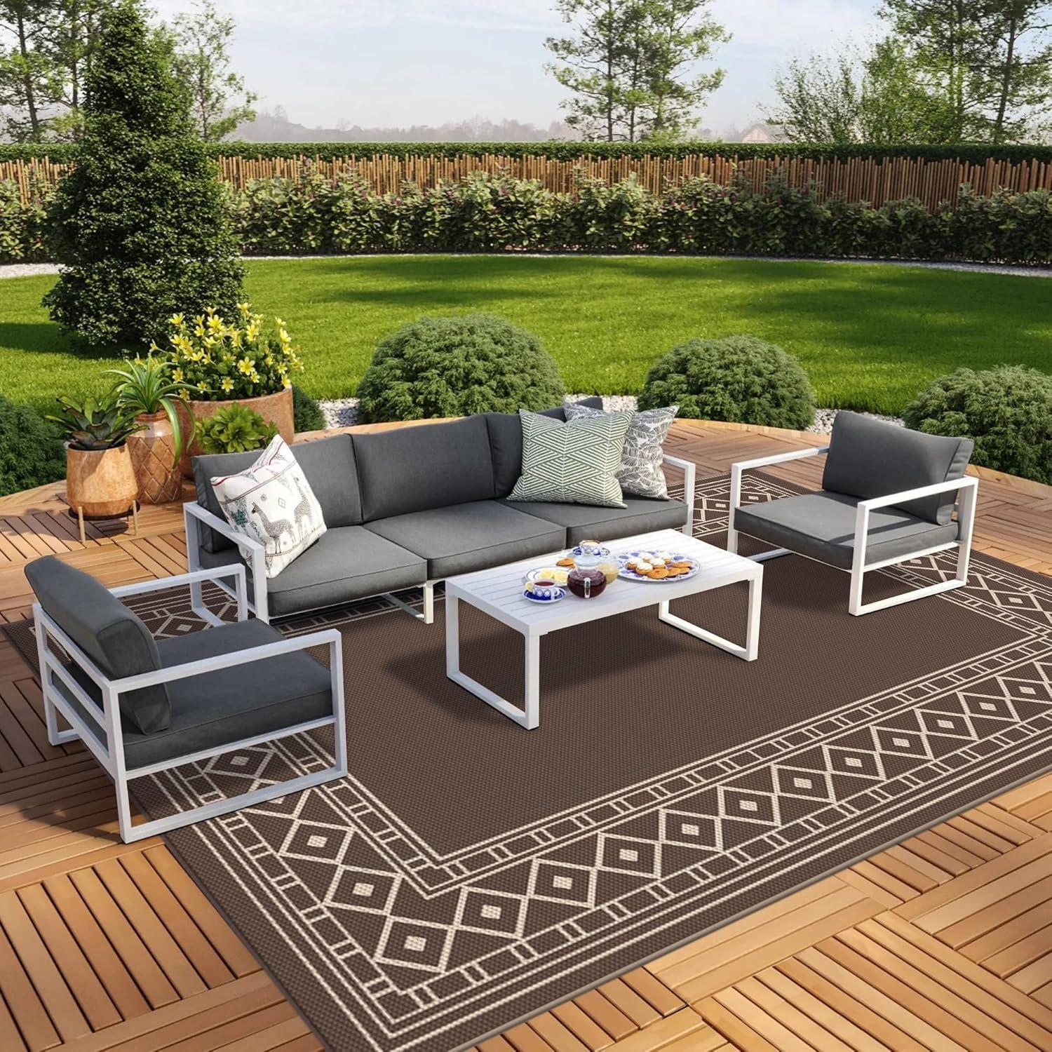 imageGENIMO Outdoor Rug Waterproof for Patio Decor 5x8 Reversible Plastic Straw Rug Carpet Camping Mats for Outdoor RV Backyard Deck Balcony Picnic Blue ampamp WhiteCoffee Beige Natural