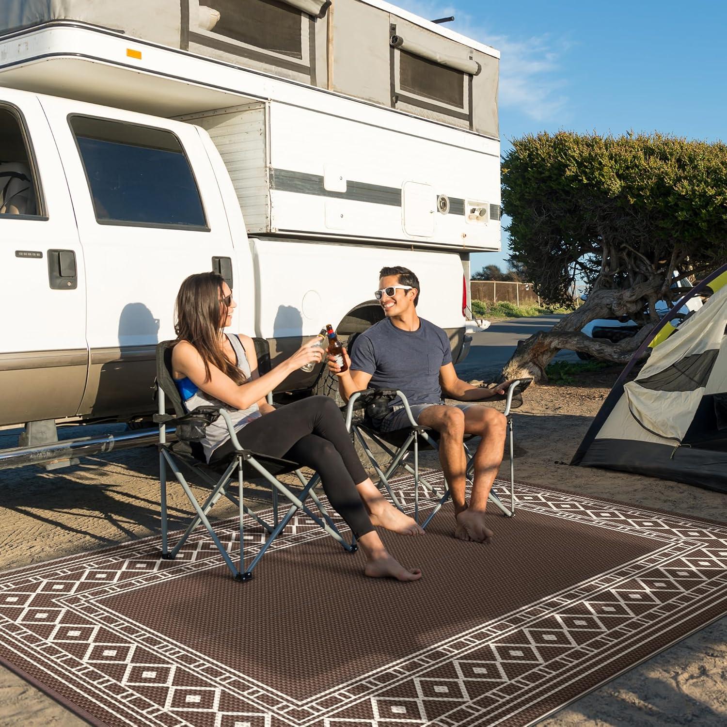 imageGENIMO Outdoor Rug Waterproof for Patio Decor 5x8 Reversible Plastic Straw Rug Carpet Camping Mats for Outdoor RV Backyard Deck Balcony Picnic Blue ampamp WhiteCoffee Beige Natural