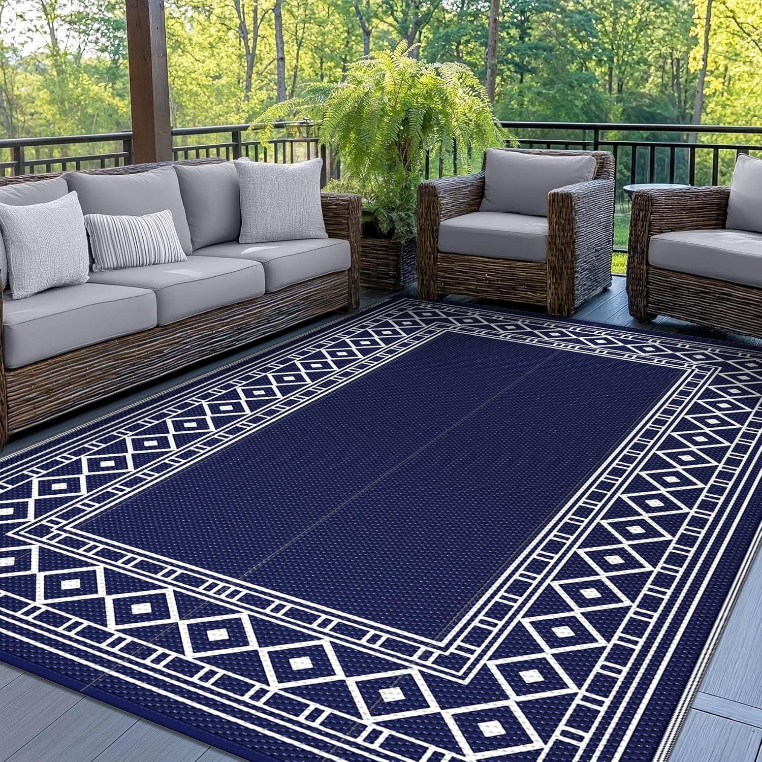 imageGENIMO Outdoor Rug Waterproof for Patio Decor 5x8 Reversible Plastic Straw Rug Carpet Camping Mats for Outdoor RV Backyard Deck Balcony Picnic Blue ampamp WhiteNavy Blue White Natural