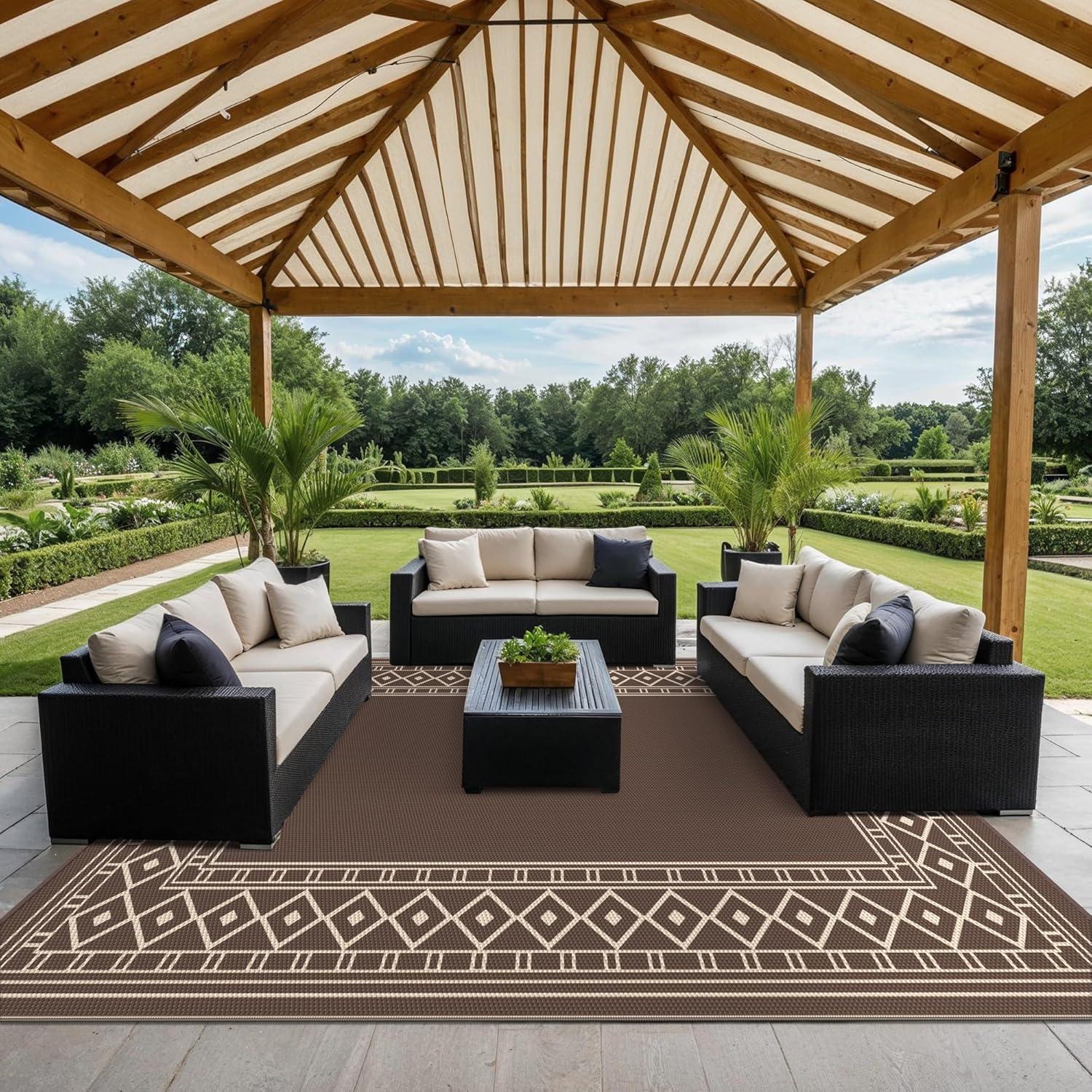 imageGENIMO Outdoor Rug Waterproof for Patio Decor 5x8 Reversible Plastic Straw Rug Carpet Camping Mats for Outdoor RV Backyard Deck Balcony Picnic Blue ampamp WhiteCoffee Beige Natural