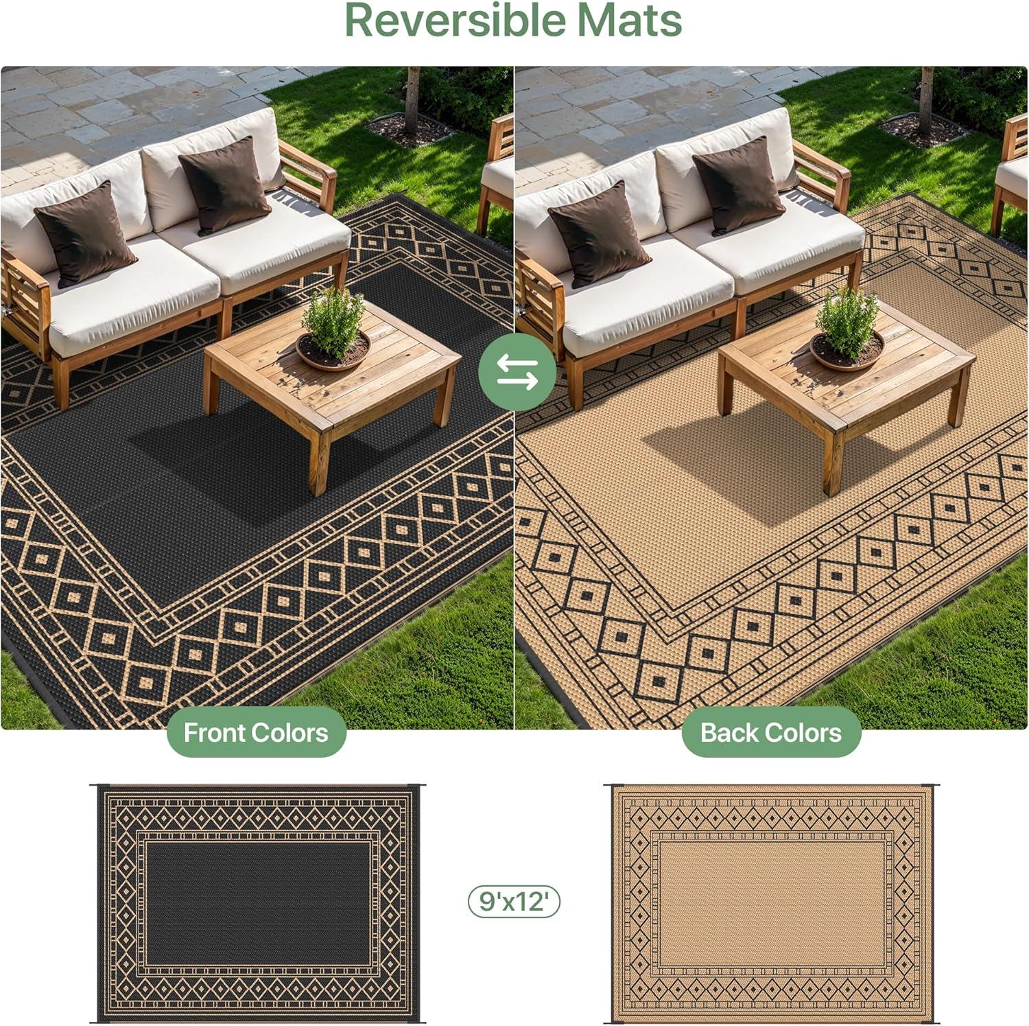 imageGENIMO Outdoor Rug Waterproof for Patio Decor 5x8 Reversible Plastic Straw Rug Carpet Camping Mats for Outdoor RV Backyard Deck Balcony Picnic Blue ampamp WhiteBlack Brown Natural