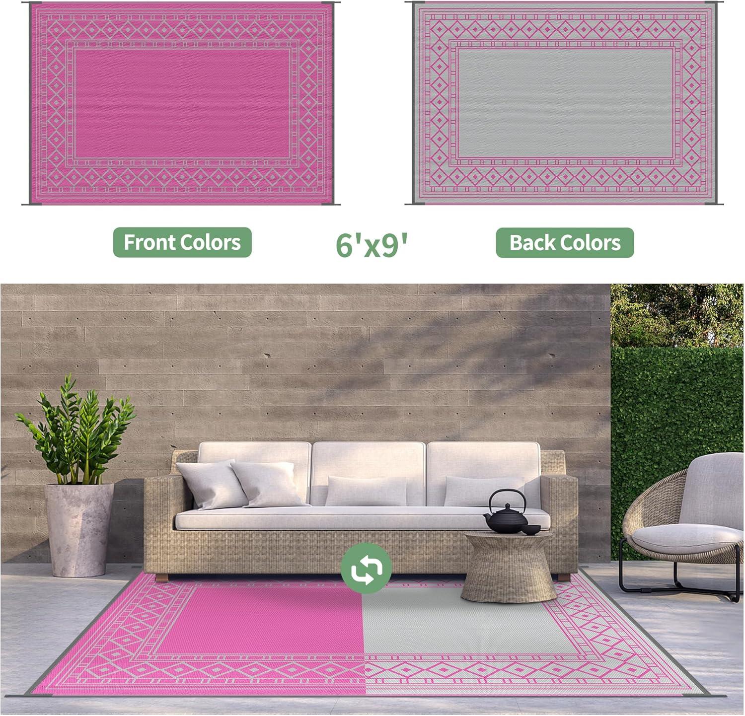 imageGENIMO Outdoor Rug Waterproof for Patio Decor 5x8 Reversible Plastic Straw Rug Carpet Camping Mats for Outdoor RV Backyard Deck Balcony Picnic Blue ampamp WhitePink Grey Natural