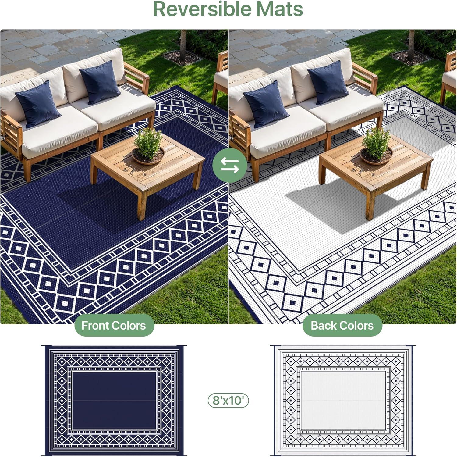 imageGENIMO Outdoor Rug Waterproof for Patio Decor 5x8 Reversible Plastic Straw Rug Carpet Camping Mats for Outdoor RV Backyard Deck Balcony Picnic Blue ampamp WhiteNavy Blue White Natural