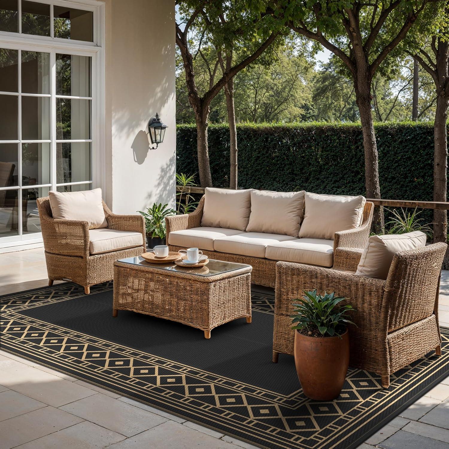 imageGENIMO Outdoor Rug Waterproof for Patio Decor 5x8 Reversible Plastic Straw Rug Carpet Camping Mats for Outdoor RV Backyard Deck Balcony Picnic Blue ampamp WhiteBlack Brown Natural