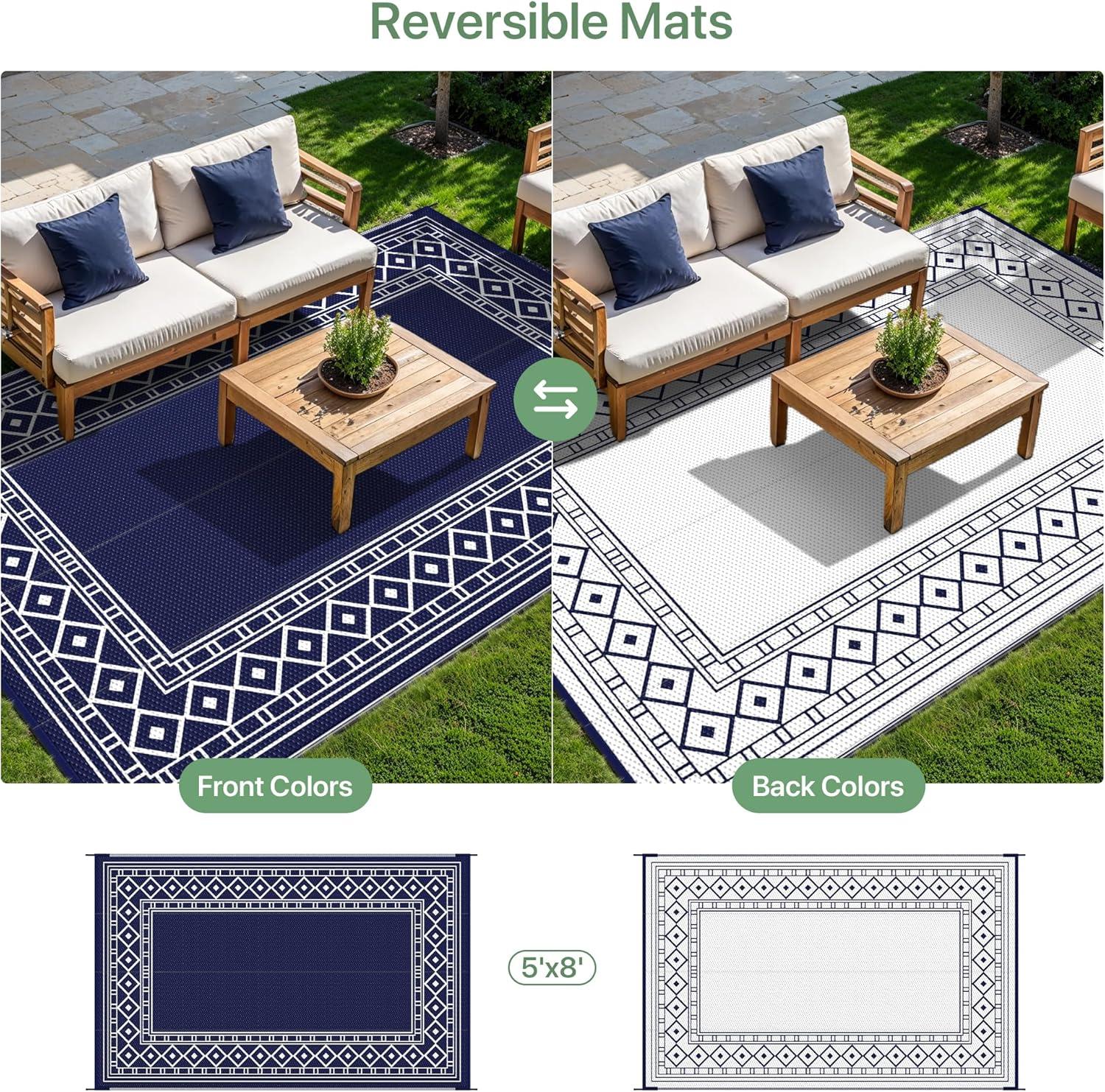 imageGENIMO Outdoor Rug Waterproof for Patio Decor 5x8 Reversible Plastic Straw Rug Carpet Camping Mats for Outdoor RV Backyard Deck Balcony Picnic Blue ampamp WhiteNavy Blue White Natural