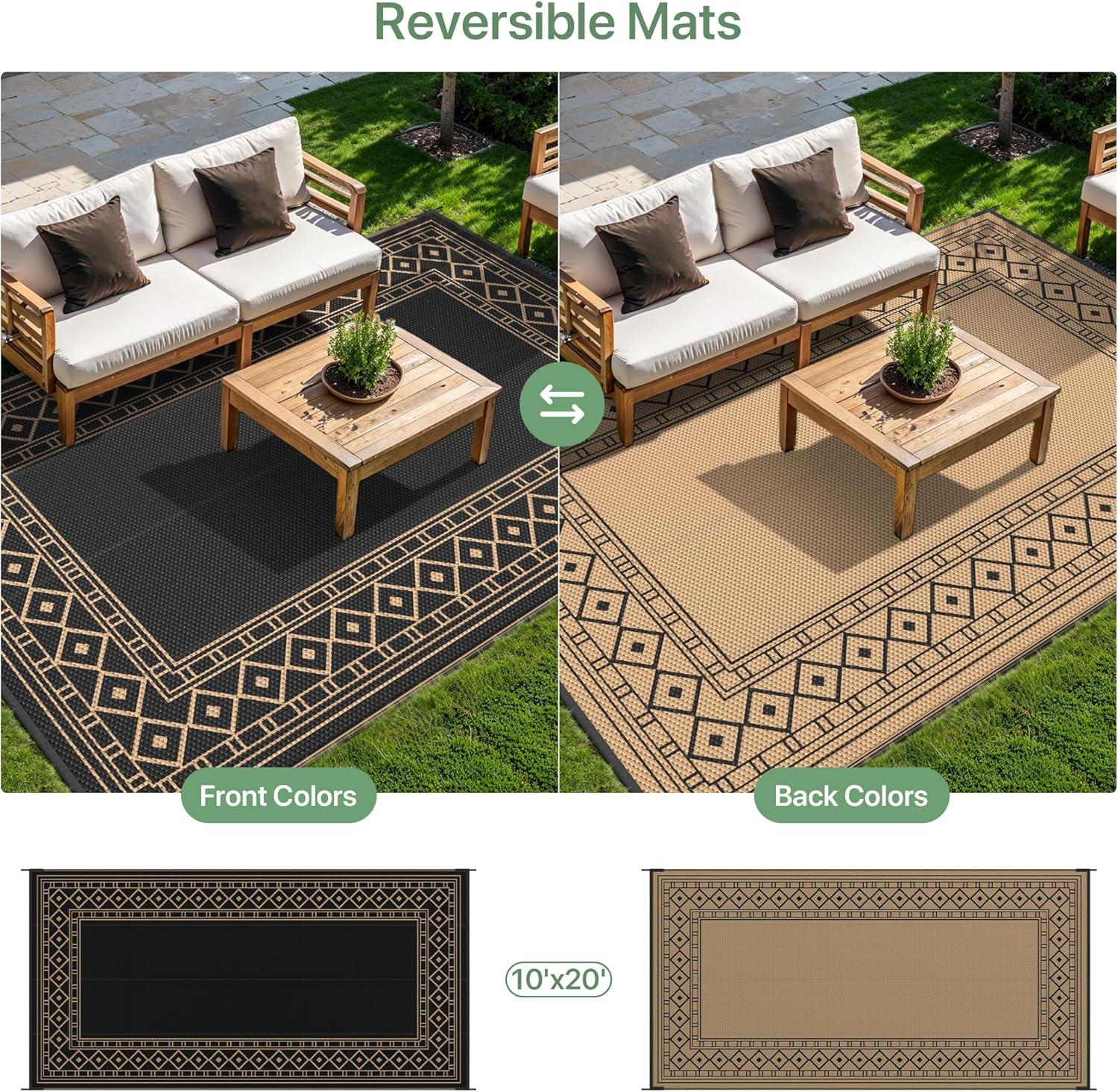 imageGENIMO Outdoor Rug Waterproof for Patio Decor 5x8 Reversible Plastic Straw Rug Carpet Camping Mats for Outdoor RV Backyard Deck Balcony Picnic Blue ampamp WhiteBlack Brown Natural