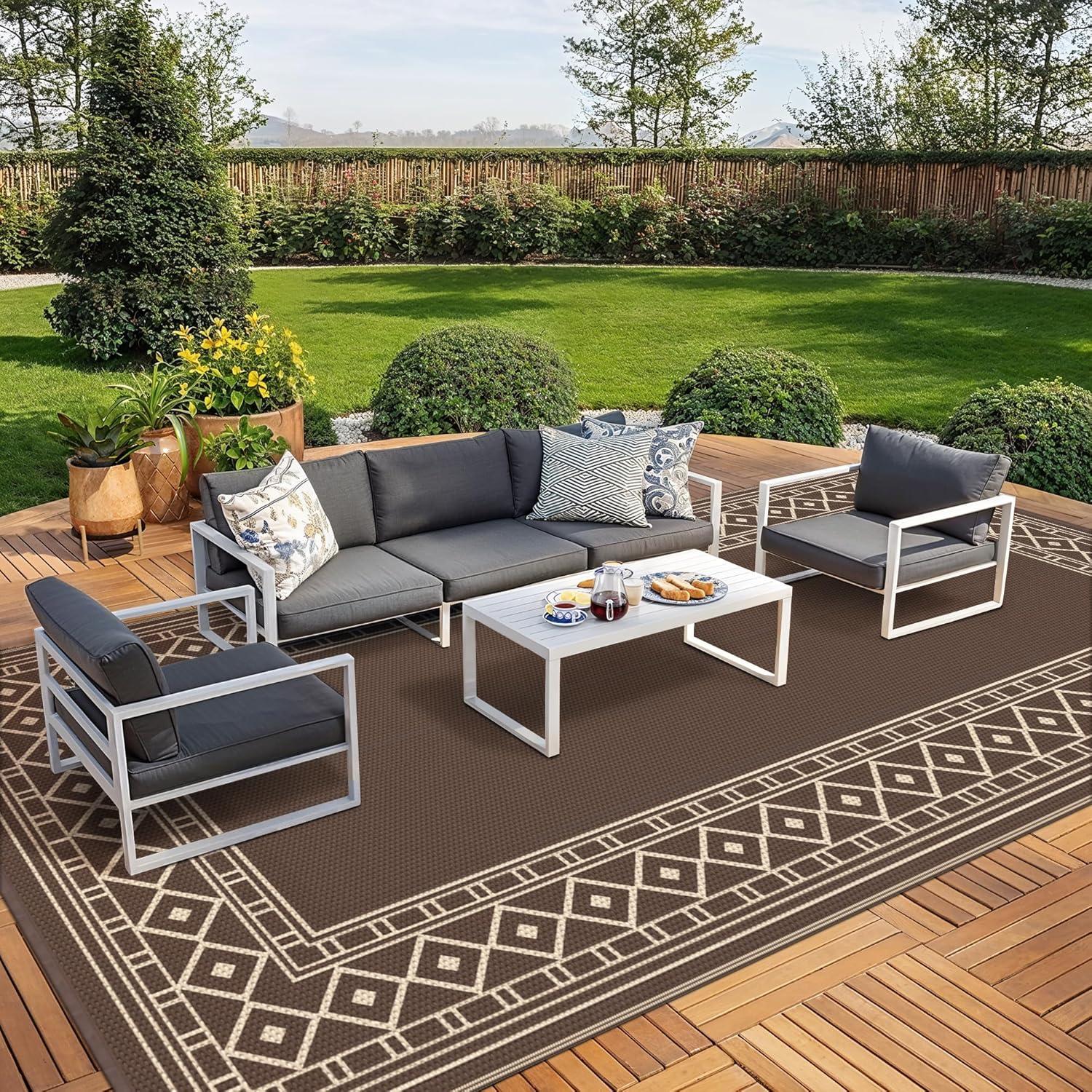 imageGENIMO Outdoor Rug Waterproof for Patio Decor 5x8 Reversible Plastic Straw Rug Carpet Camping Mats for Outdoor RV Backyard Deck Balcony Picnic Blue ampamp WhiteCoffee Beige Natural