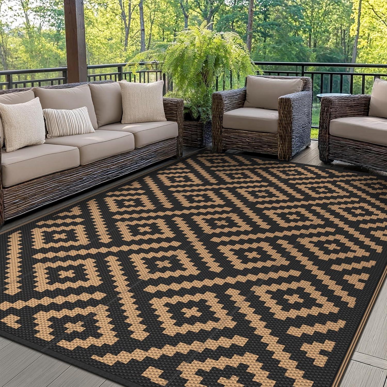 imageGENIMO Outdoor Rug Waterproof for Patio Decor 5x8 Reversible Plastic Straw Rug Carpet Camping Mats for Outdoor RV Backyard Deck Balcony Picnic Blue ampamp WhiteLightblack Brown