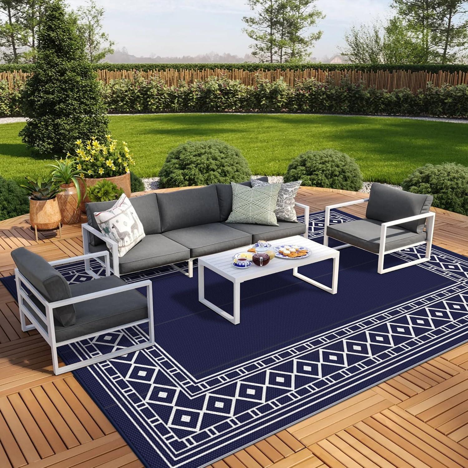imageGENIMO Outdoor Rug Waterproof for Patio Decor 5x8 Reversible Plastic Straw Rug Carpet Camping Mats for Outdoor RV Backyard Deck Balcony Picnic Blue ampamp WhiteNavy Blue White Natural