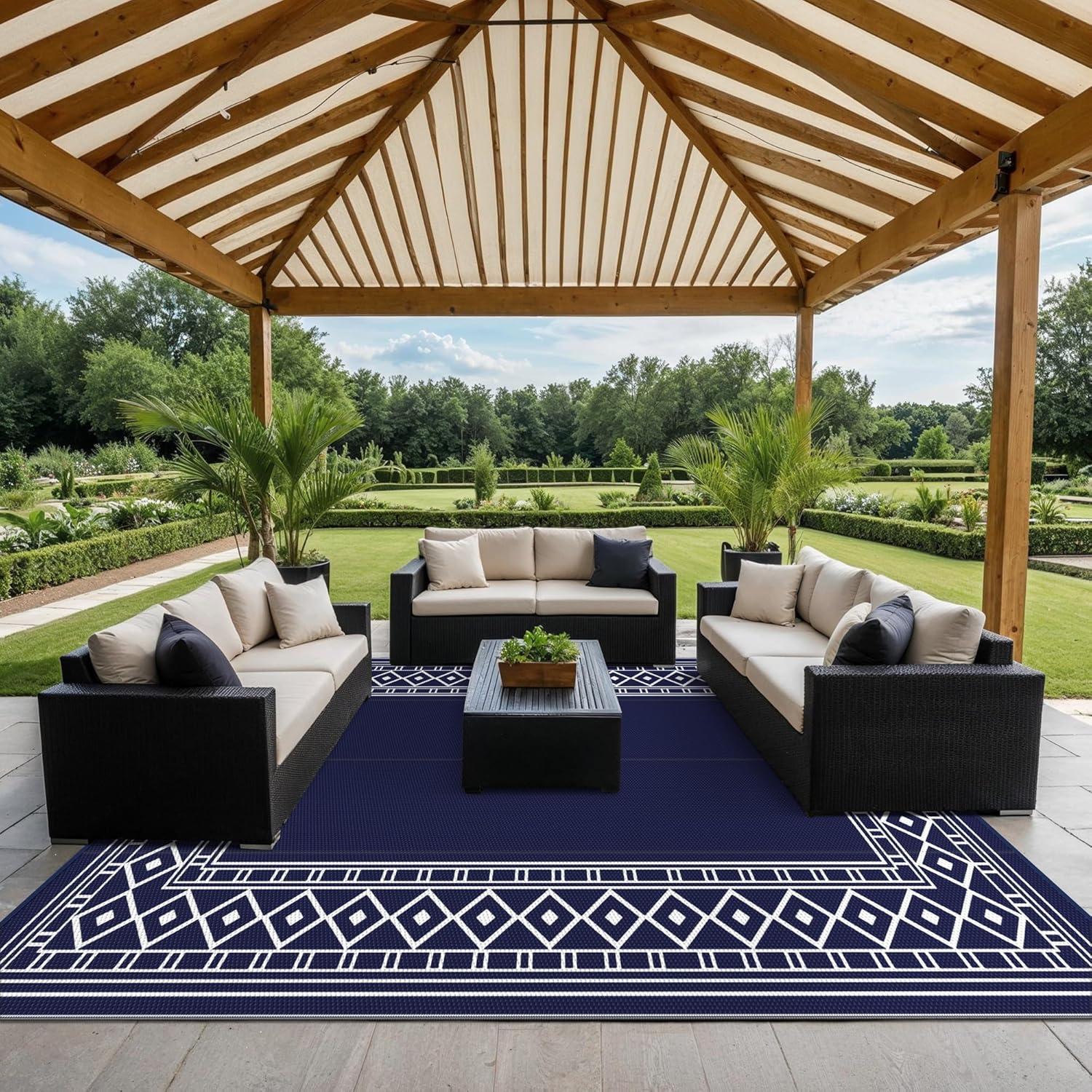 imageGENIMO Outdoor Rug Waterproof for Patio Decor 5x8 Reversible Plastic Straw Rug Carpet Camping Mats for Outdoor RV Backyard Deck Balcony Picnic Blue ampamp WhiteNavy Blue White Natural