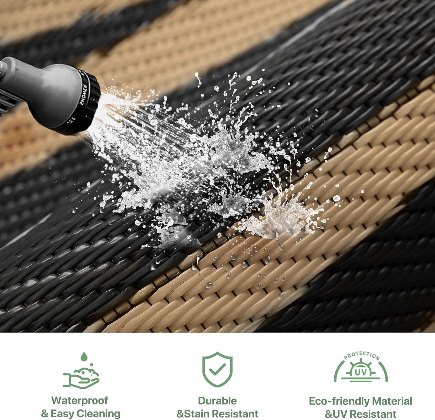 imageGENIMO Outdoor Rug Waterproof for Patio Decor 5x8 Reversible Plastic Straw Rug Carpet Camping Mats for Outdoor RV Backyard Deck Balcony Picnic Blue ampamp WhiteBlack Brown Natural