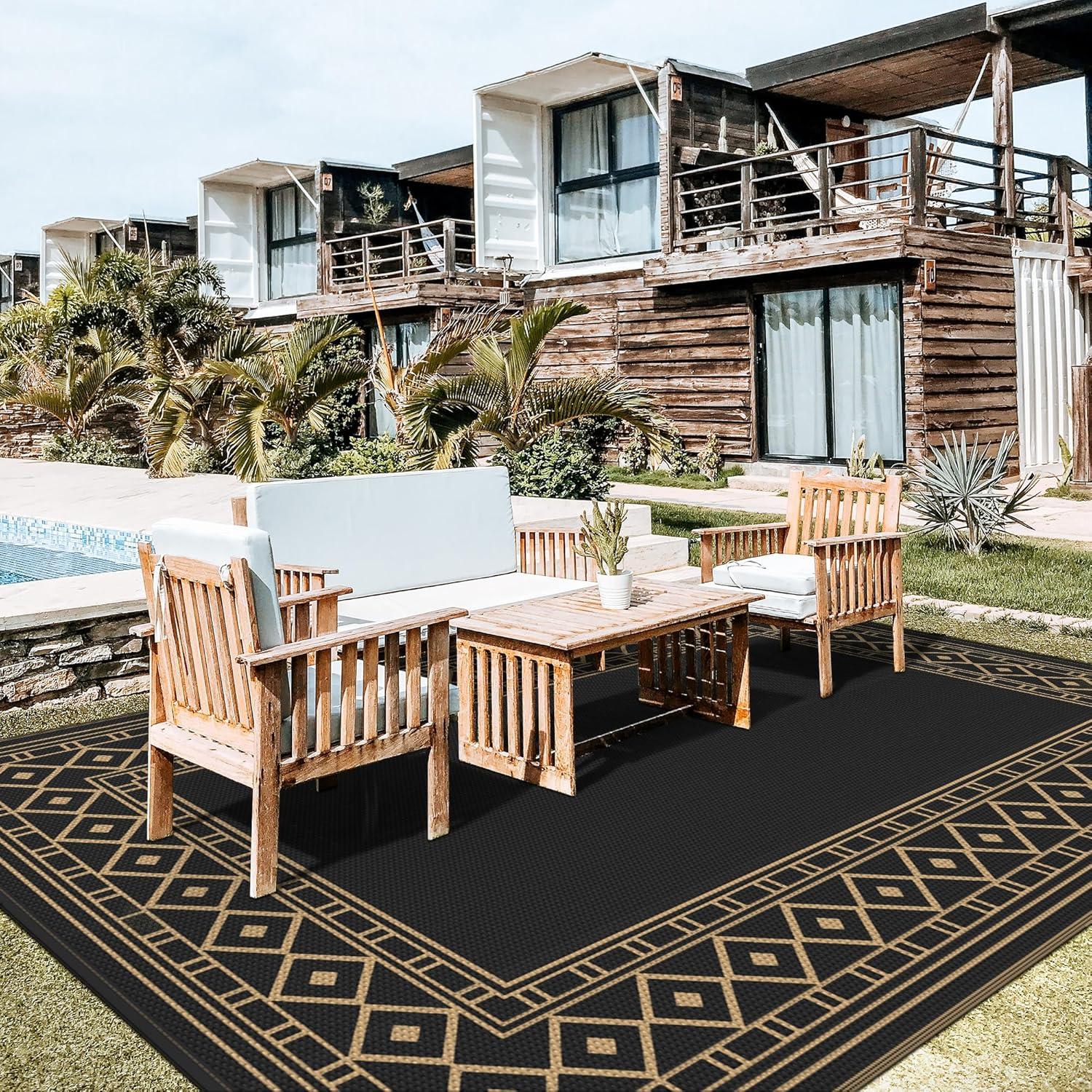imageGENIMO Outdoor Rug Waterproof for Patio Decor 5x8 Reversible Plastic Straw Rug Carpet Camping Mats for Outdoor RV Backyard Deck Balcony Picnic Blue ampamp WhiteBlack Brown Natural