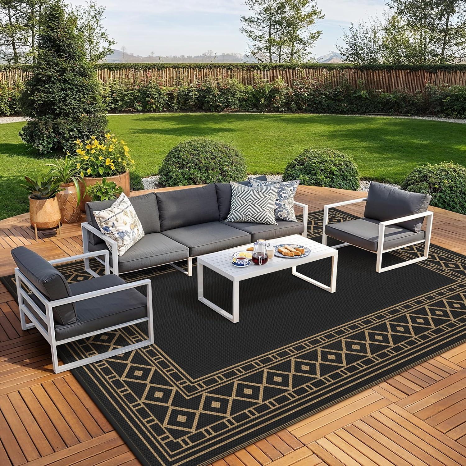 imageGENIMO Outdoor Rug Waterproof for Patio Decor 5x8 Reversible Plastic Straw Rug Carpet Camping Mats for Outdoor RV Backyard Deck Balcony Picnic Blue ampamp WhiteBlack Brown Natural