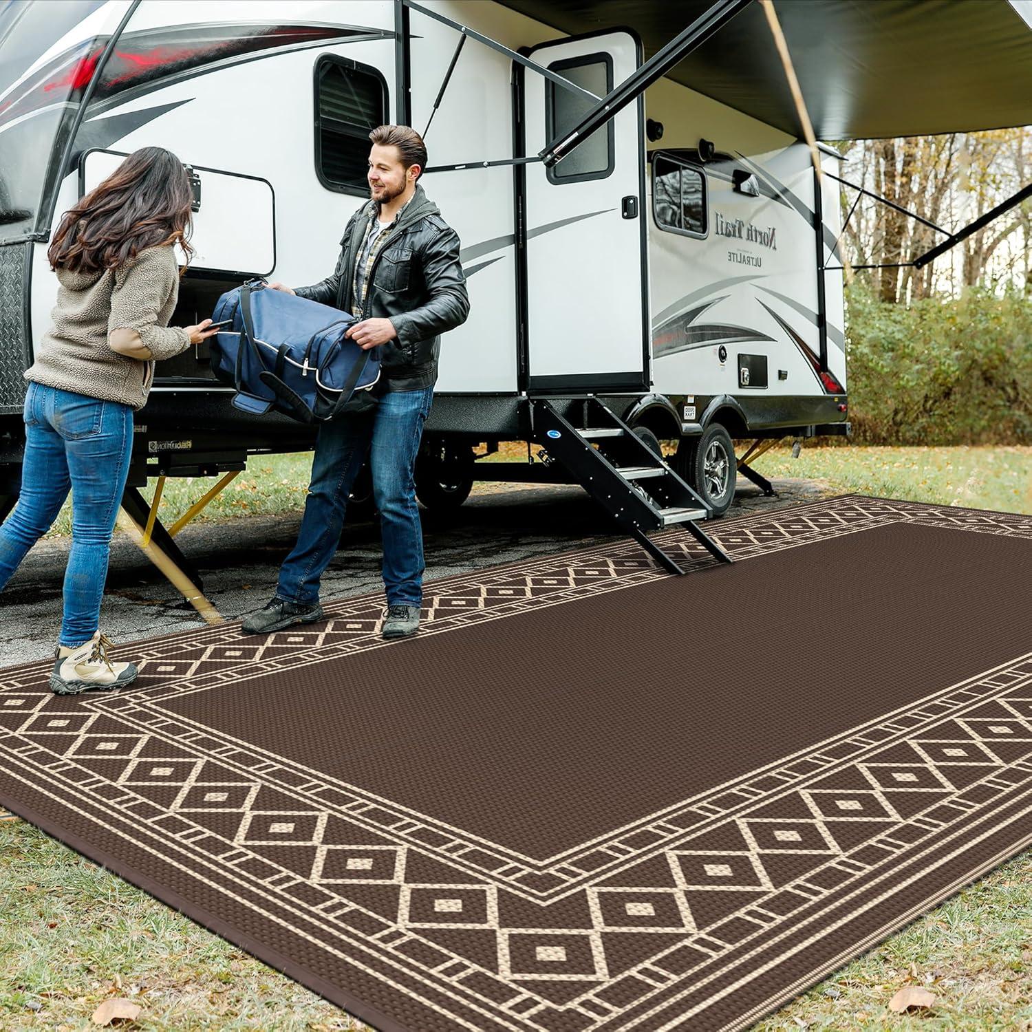 imageGENIMO Outdoor Rug Waterproof for Patio Decor 5x8 Reversible Plastic Straw Rug Carpet Camping Mats for Outdoor RV Backyard Deck Balcony Picnic Blue ampamp WhiteCoffee Beige Natural