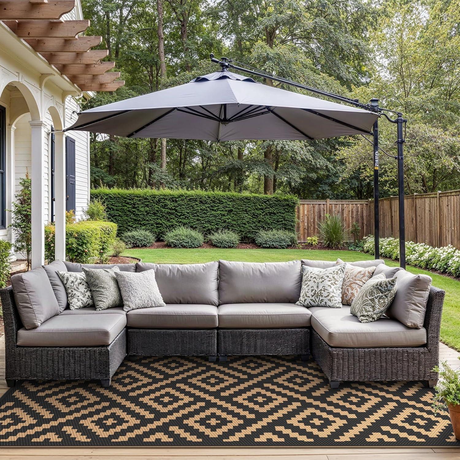 imageGENIMO Outdoor Rug Waterproof for Patio Decor 5x8 Reversible Plastic Straw Rug Carpet Camping Mats for Outdoor RV Backyard Deck Balcony Picnic Blue ampamp WhiteLightblack Brown