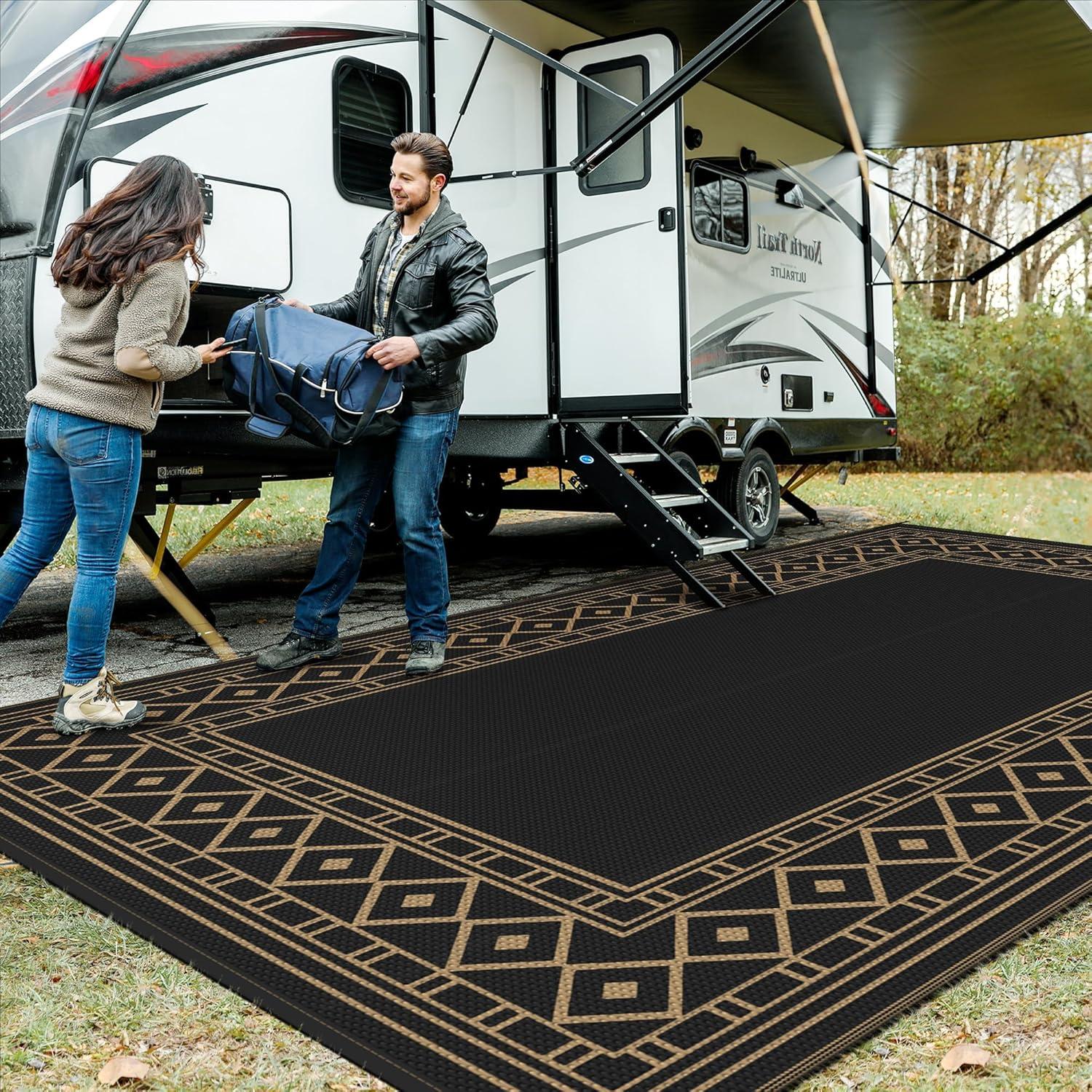 imageGENIMO Outdoor Rug Waterproof for Patio Decor 5x8 Reversible Plastic Straw Rug Carpet Camping Mats for Outdoor RV Backyard Deck Balcony Picnic Blue ampamp WhiteBlack Brown Natural