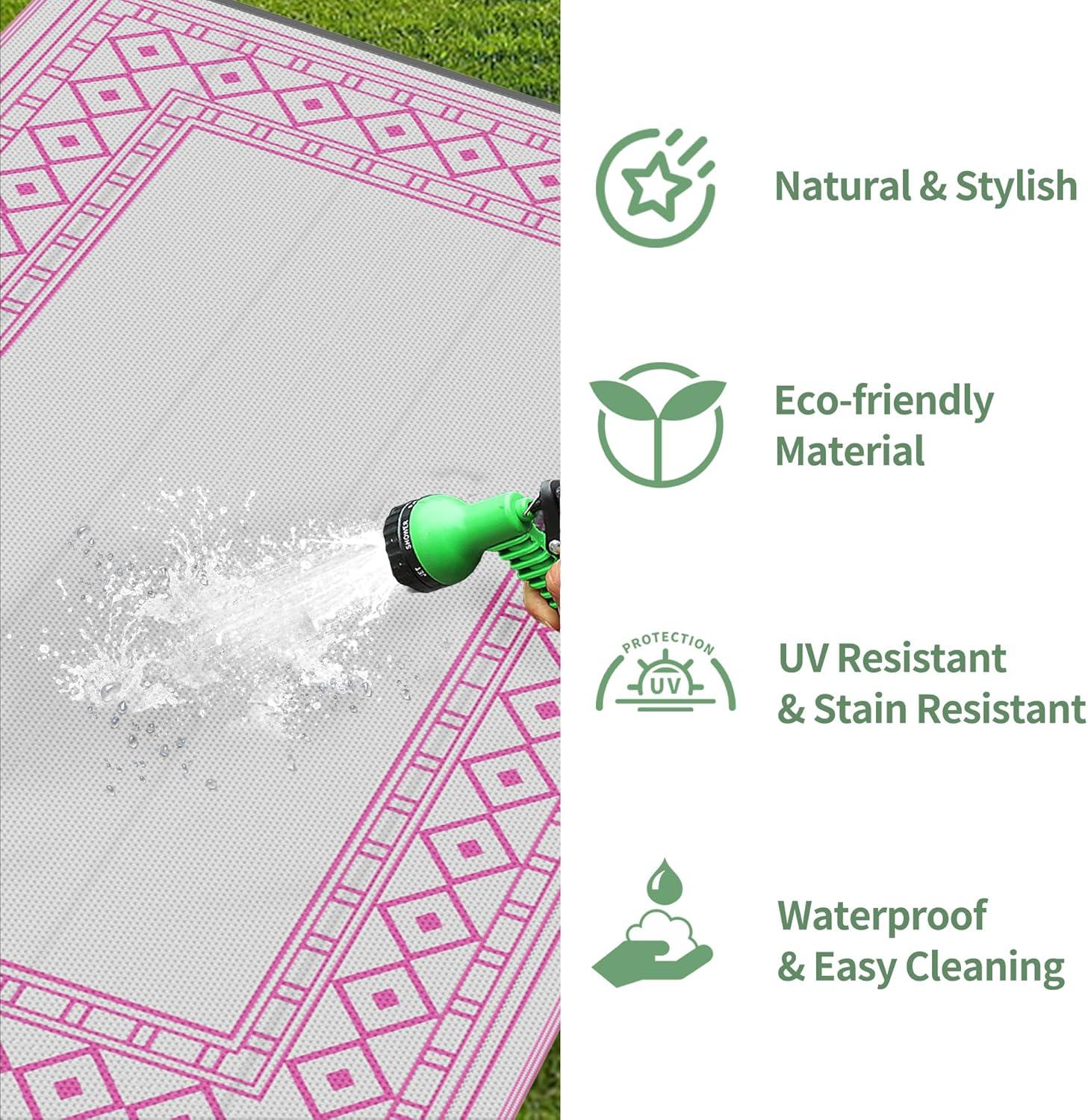 imageGENIMO Outdoor Rug Waterproof for Patio Decor 5x8 Reversible Plastic Straw Rug Carpet Camping Mats for Outdoor RV Backyard Deck Balcony Picnic Blue ampamp WhitePink Grey Natural