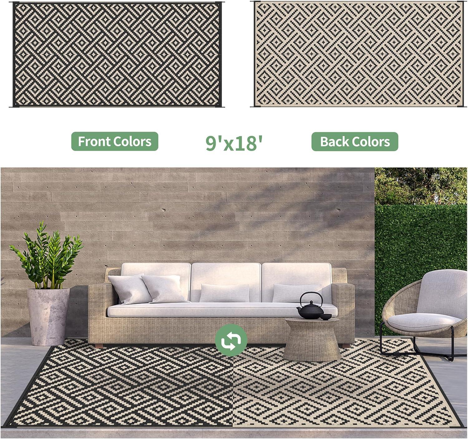 imageGENIMO Outdoor Rug for Patio Clearance9x18 Waterproof MatReversible Plastic Camping RugsRvPorchDeckCamperBalconyBackyardBlack ampamp GrayBlackbeige