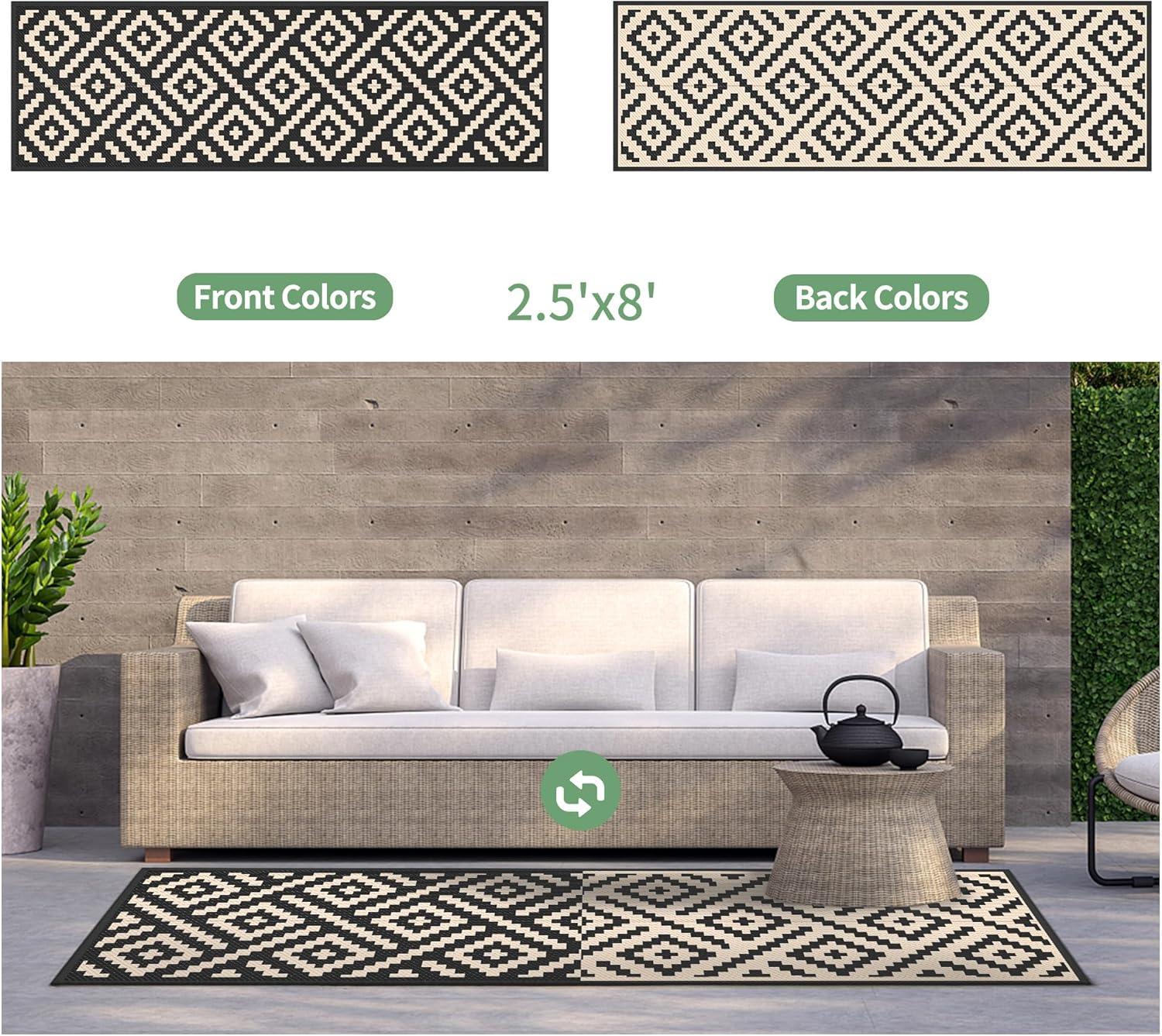 imageGENIMO Outdoor Rug for Patio Clearance9x18 Waterproof MatReversible Plastic Camping RugsRvPorchDeckCamperBalconyBackyardBlack ampamp GrayBlackbeige