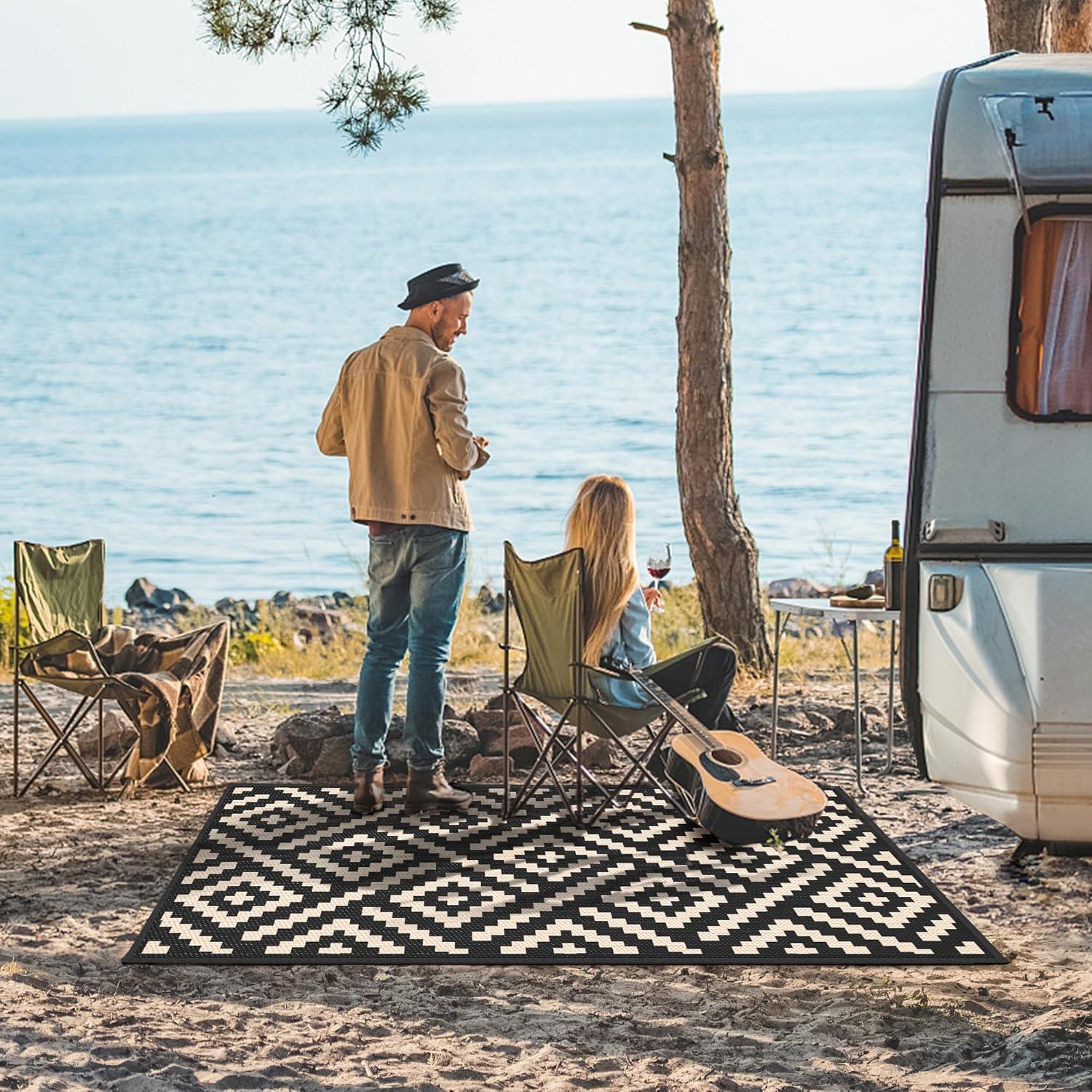 imageGENIMO Outdoor Rug for Patio Clearance9x18 Waterproof MatReversible Plastic Camping RugsRvPorchDeckCamperBalconyBackyardBlack ampamp GrayBlackbeige