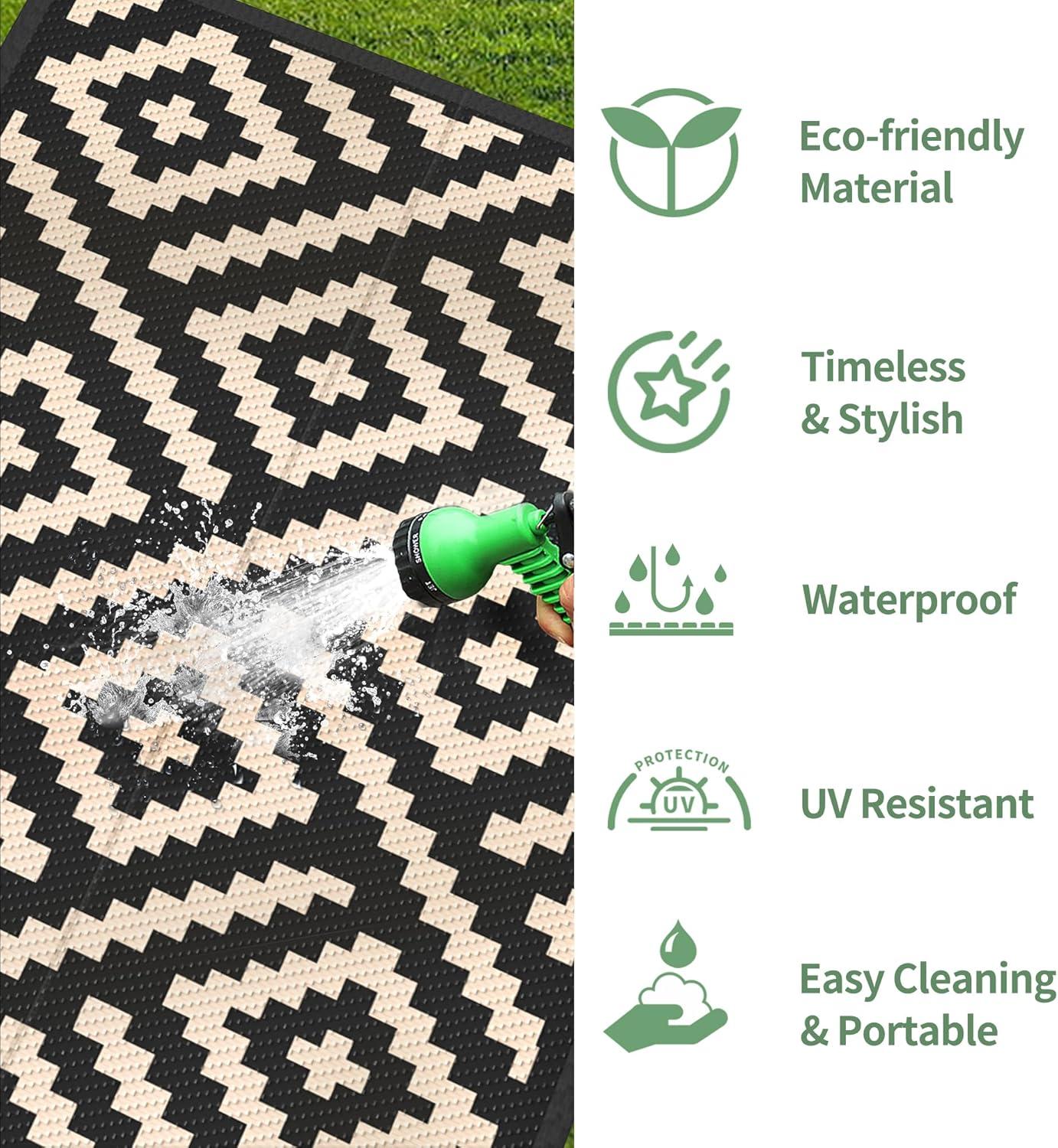 imageGENIMO Outdoor Rug for Patio Clearance9x18 Waterproof MatReversible Plastic Camping RugsRvPorchDeckCamperBalconyBackyardBlack ampamp GrayBlackbeige