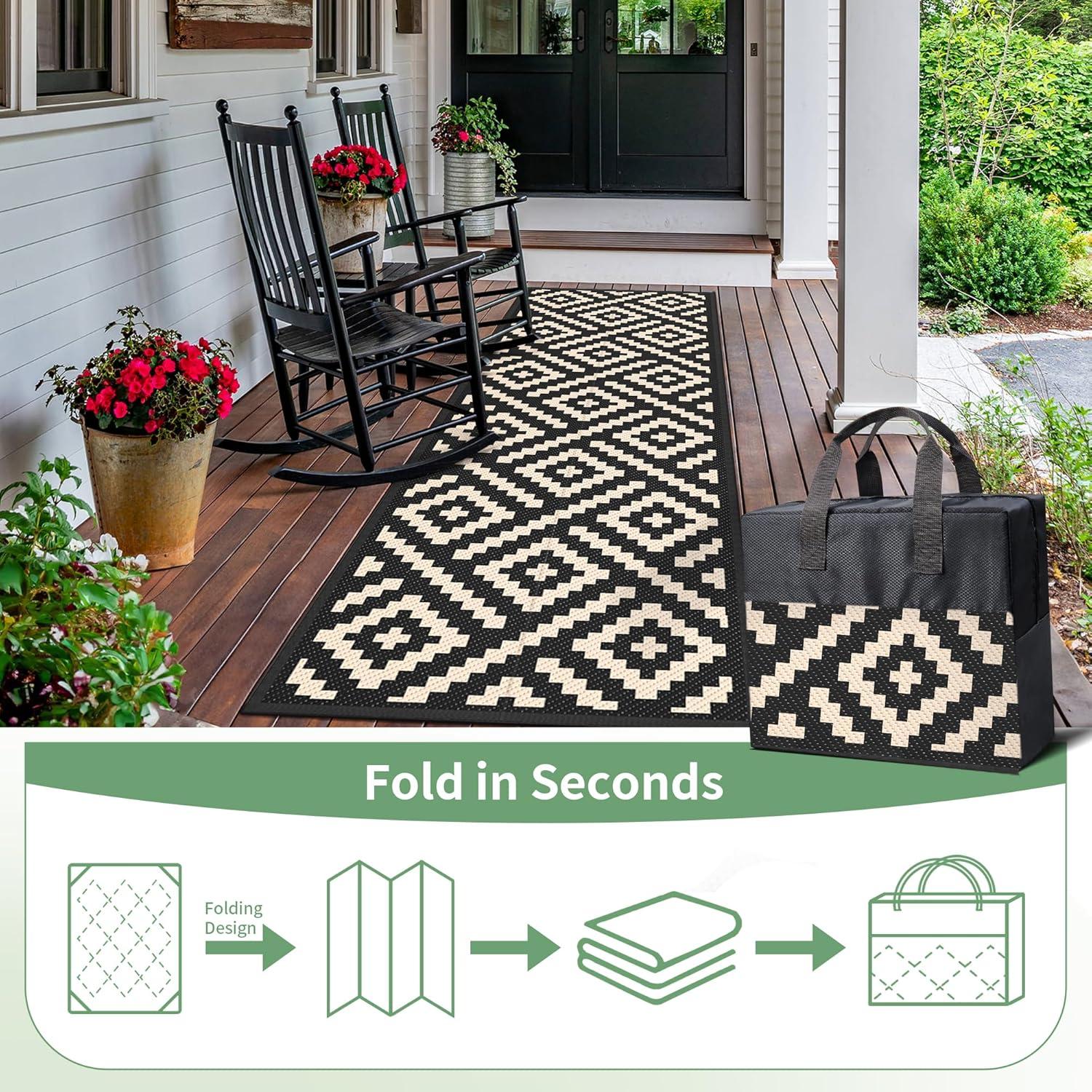 imageGENIMO Outdoor Rug for Patio Clearance9x18 Waterproof MatReversible Plastic Camping RugsRvPorchDeckCamperBalconyBackyardBlack ampamp GrayBlackbeige