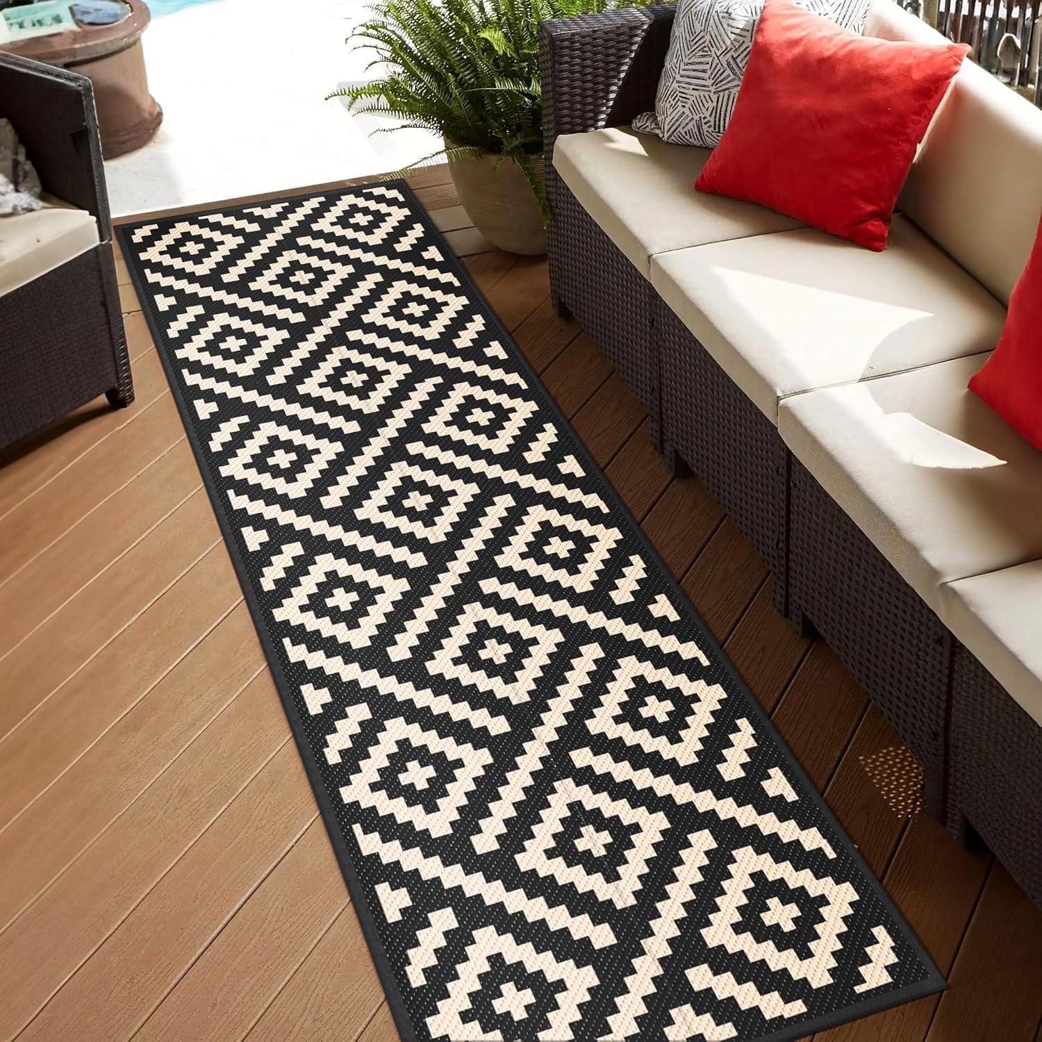 imageGENIMO Outdoor Rug for Patio Clearance9x18 Waterproof MatReversible Plastic Camping RugsRvPorchDeckCamperBalconyBackyardBlack ampamp GrayBlackbeige