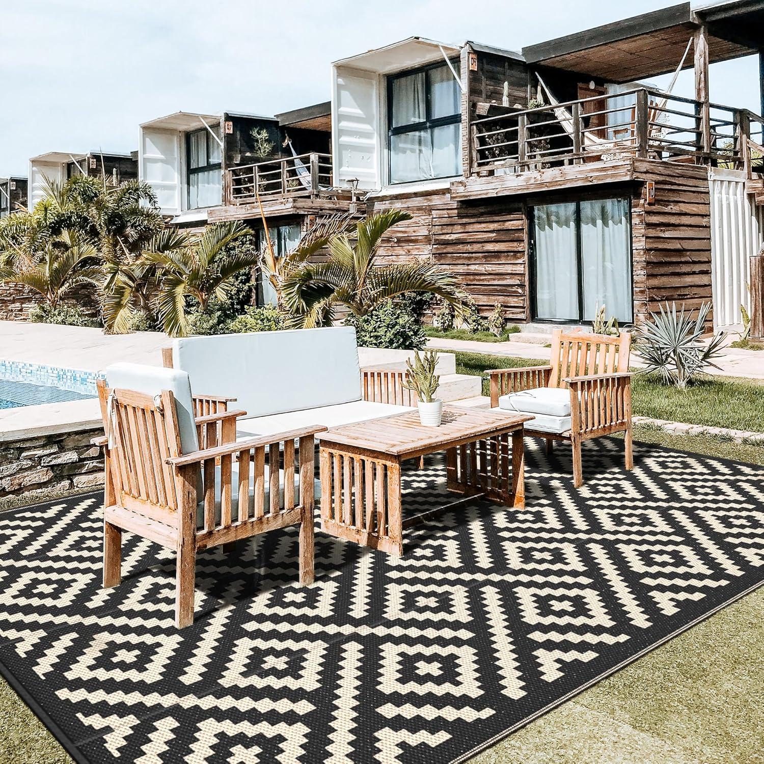 imageGENIMO Outdoor Rug for Patio Clearance9x18 Waterproof MatReversible Plastic Camping RugsRvPorchDeckCamperBalconyBackyardBlack ampamp GrayBlackbeige
