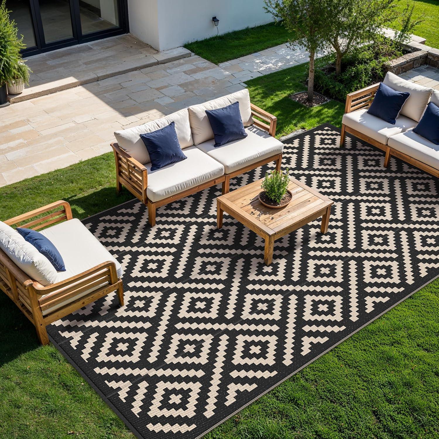 imageGENIMO Outdoor Rug for Patio Clearance9x18 Waterproof MatReversible Plastic Camping RugsRvPorchDeckCamperBalconyBackyardBlack ampamp GrayBlackbeige