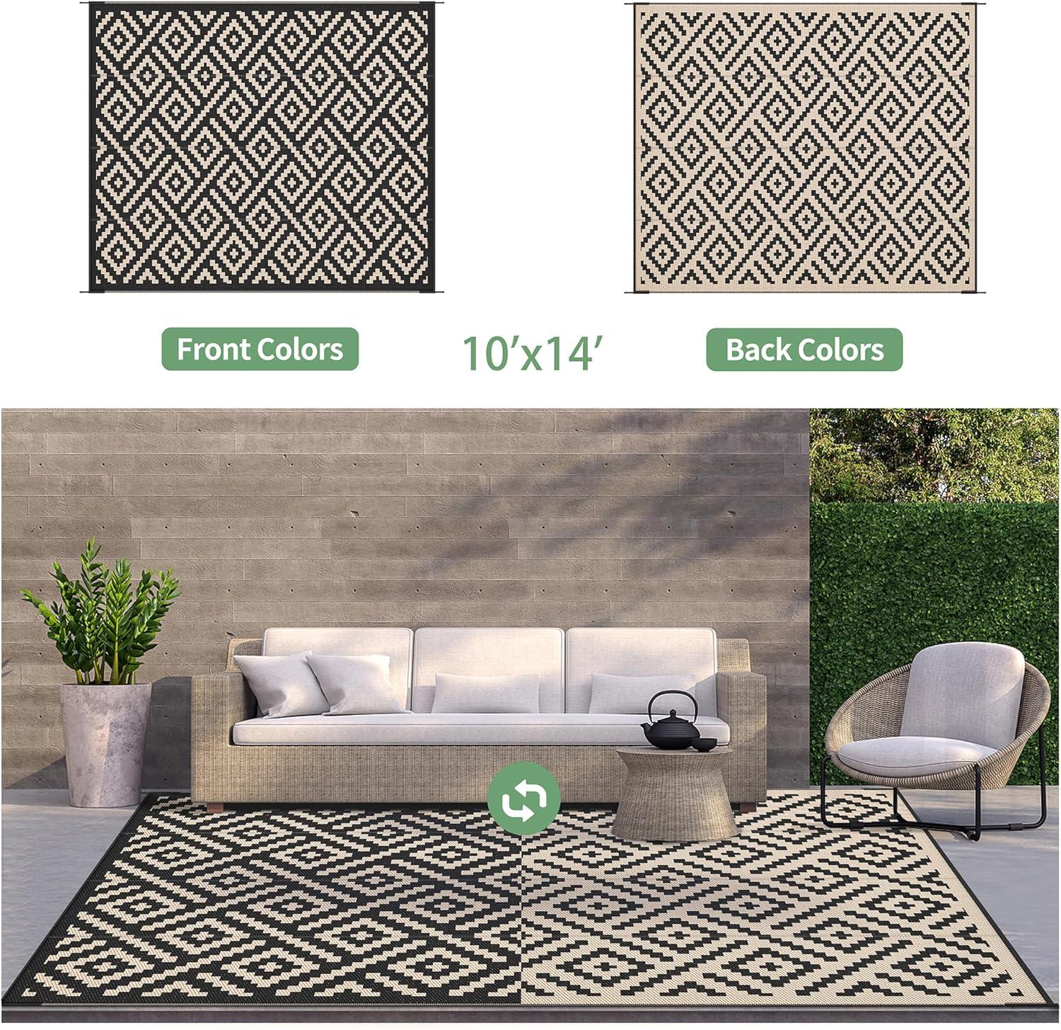 imageGENIMO Outdoor Rug for Patio Clearance9x18 Waterproof MatReversible Plastic Camping RugsRvPorchDeckCamperBalconyBackyardBlack ampamp GrayBlackbeige