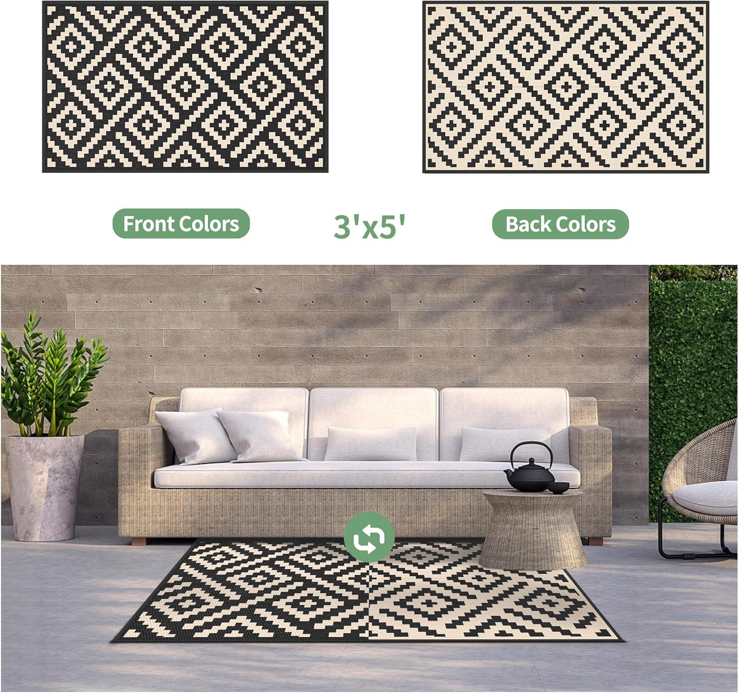 imageGENIMO Outdoor Rug for Patio Clearance9x18 Waterproof MatReversible Plastic Camping RugsRvPorchDeckCamperBalconyBackyardBlack ampamp GrayBlackbeige