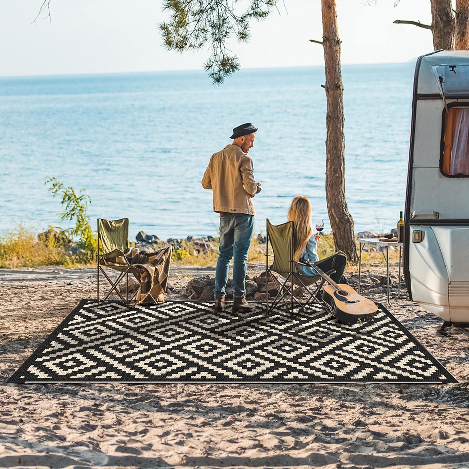 imageGENIMO Outdoor Rug for Patio Clearance9x18 Waterproof MatReversible Plastic Camping RugsRvPorchDeckCamperBalconyBackyardBlack ampamp GrayBlackbeige