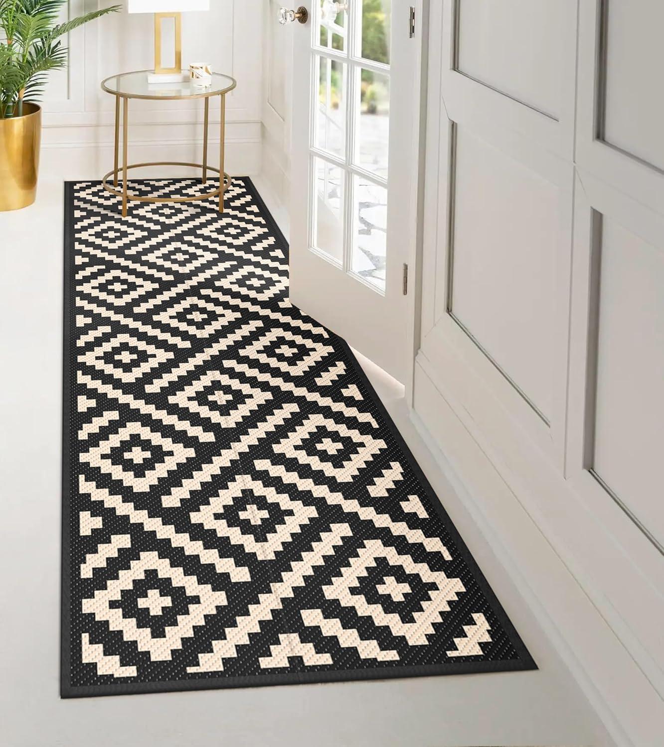 imageGENIMO Outdoor Rug for Patio Clearance9x18 Waterproof MatReversible Plastic Camping RugsRvPorchDeckCamperBalconyBackyardBlack ampamp GrayBlackbeige