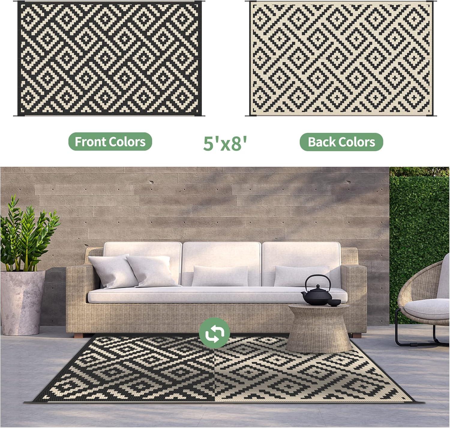imageGENIMO Outdoor Rug for Patio Clearance9x18 Waterproof MatReversible Plastic Camping RugsRvPorchDeckCamperBalconyBackyardBlack ampamp GrayBlackbeige