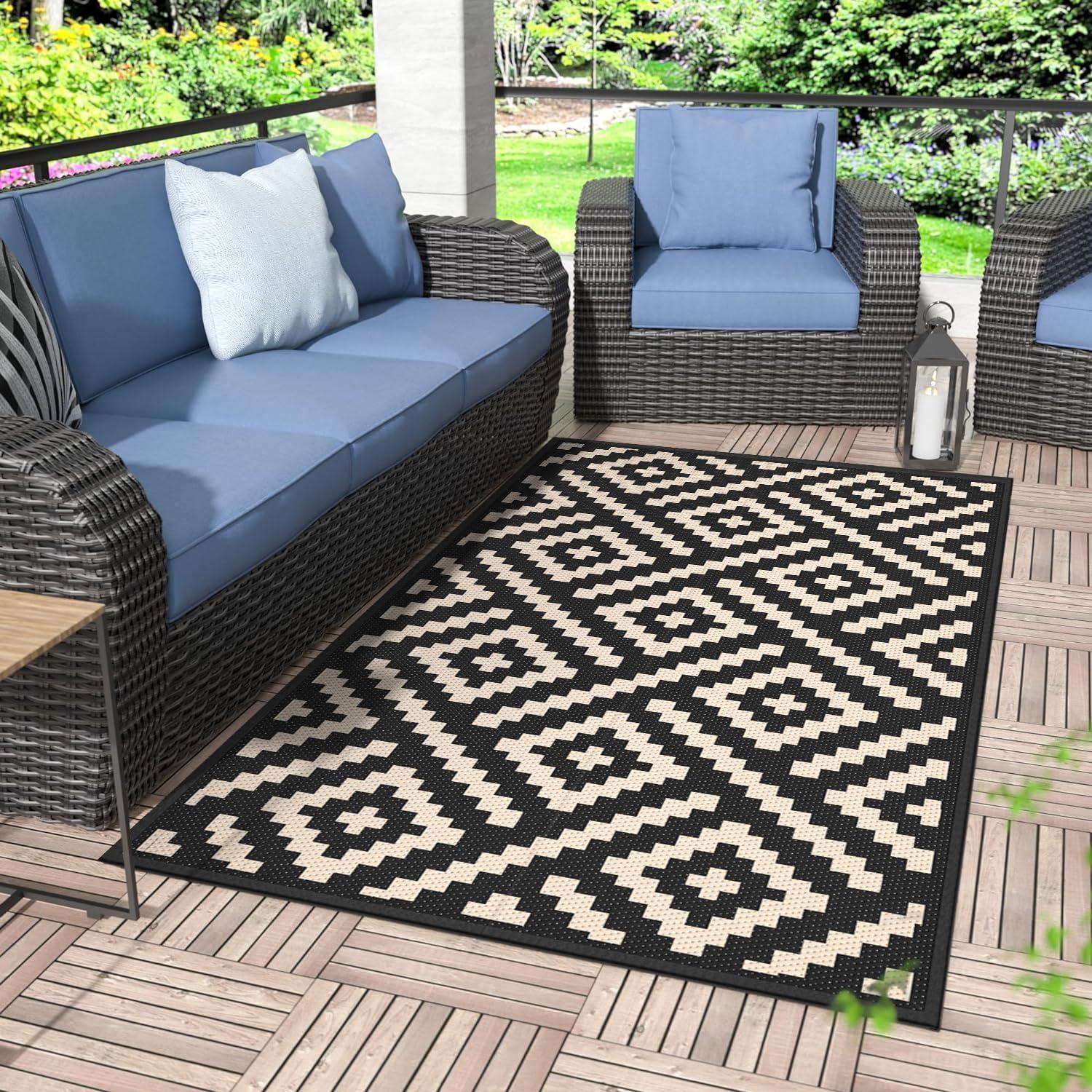 imageGENIMO Outdoor Rug for Patio Clearance9x18 Waterproof MatReversible Plastic Camping RugsRvPorchDeckCamperBalconyBackyardBlack ampamp GrayBlackbeige