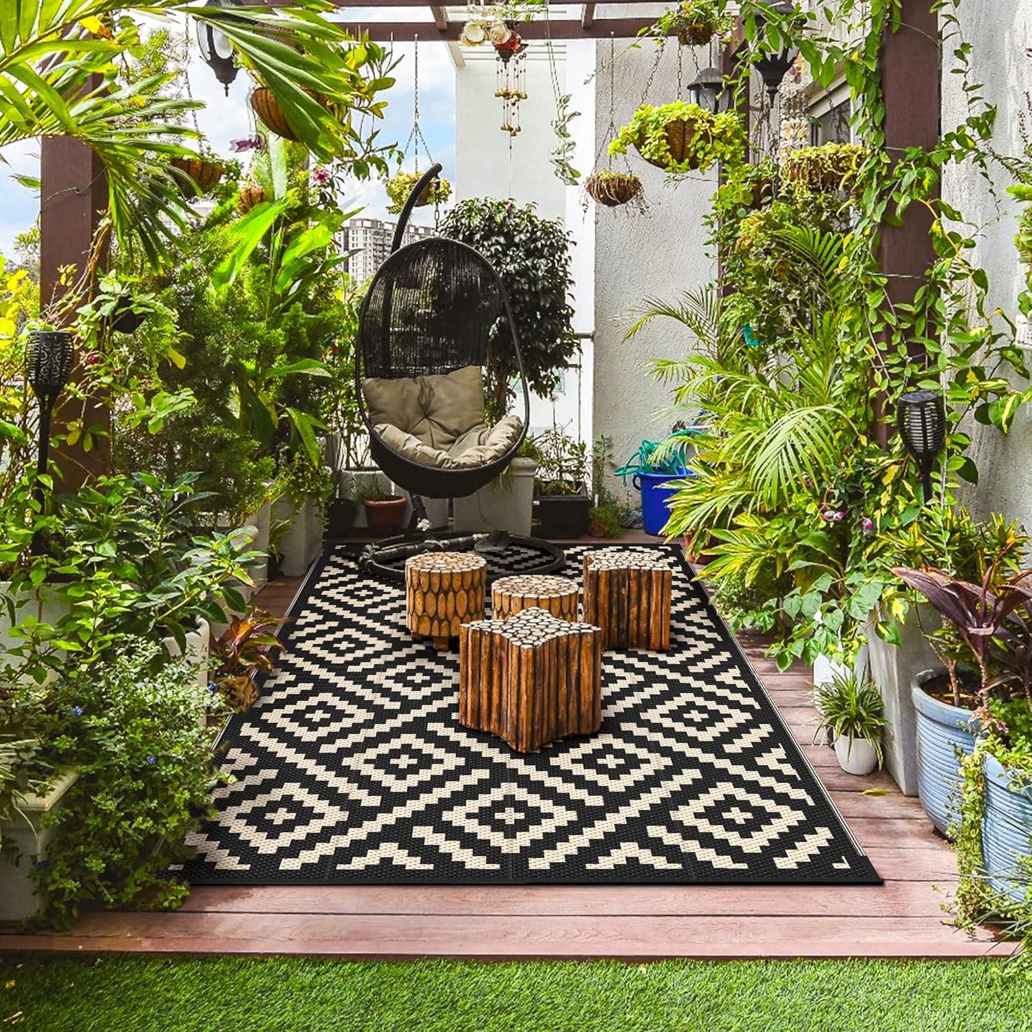 imageGENIMO Outdoor Rug for Patio Clearance9x18 Waterproof MatReversible Plastic Camping RugsRvPorchDeckCamperBalconyBackyardBlack ampamp GrayBlackbeige