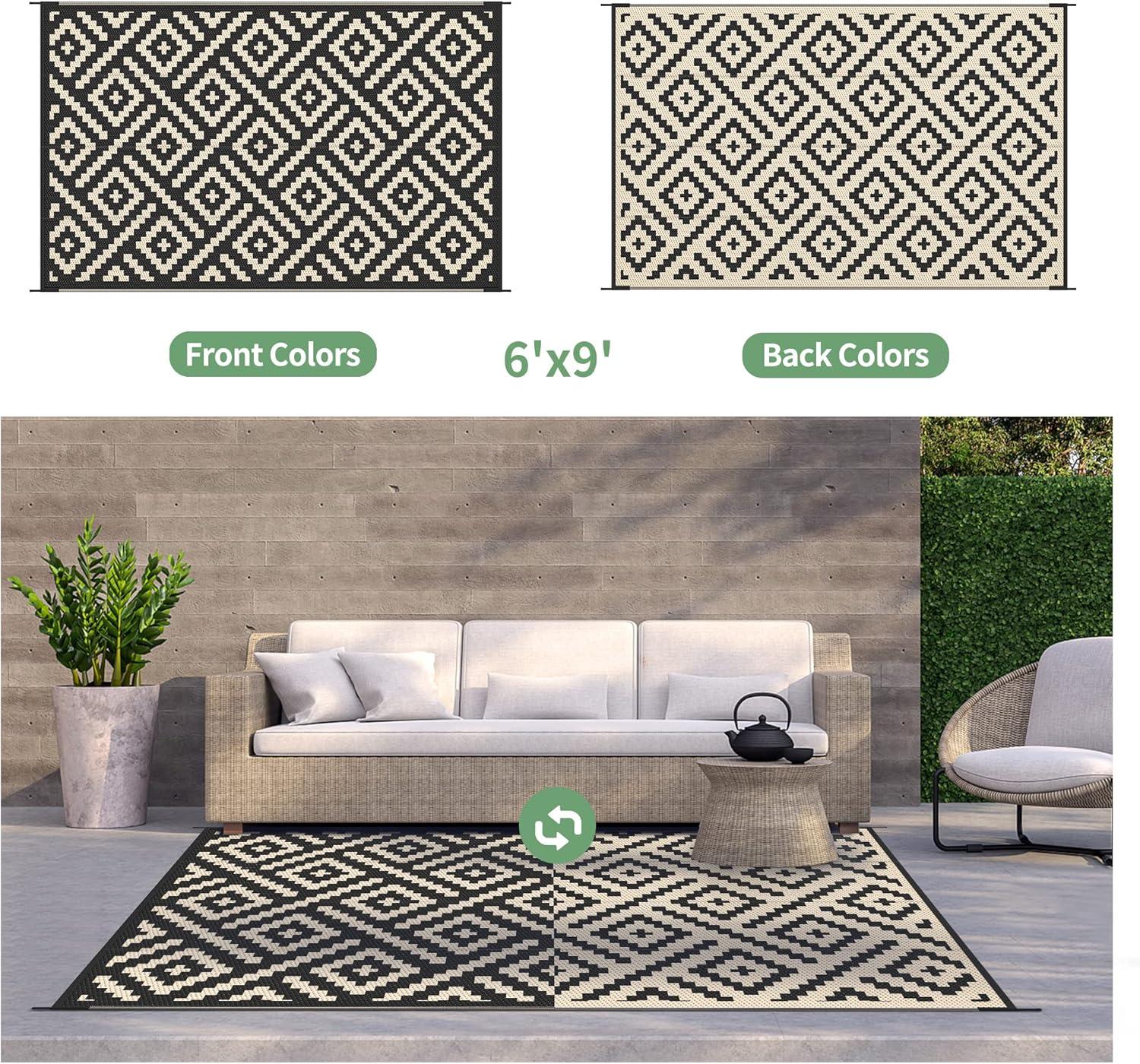 imageGENIMO Outdoor Rug for Patio Clearance9x18 Waterproof MatReversible Plastic Camping RugsRvPorchDeckCamperBalconyBackyardBlack ampamp GrayBlackbeige