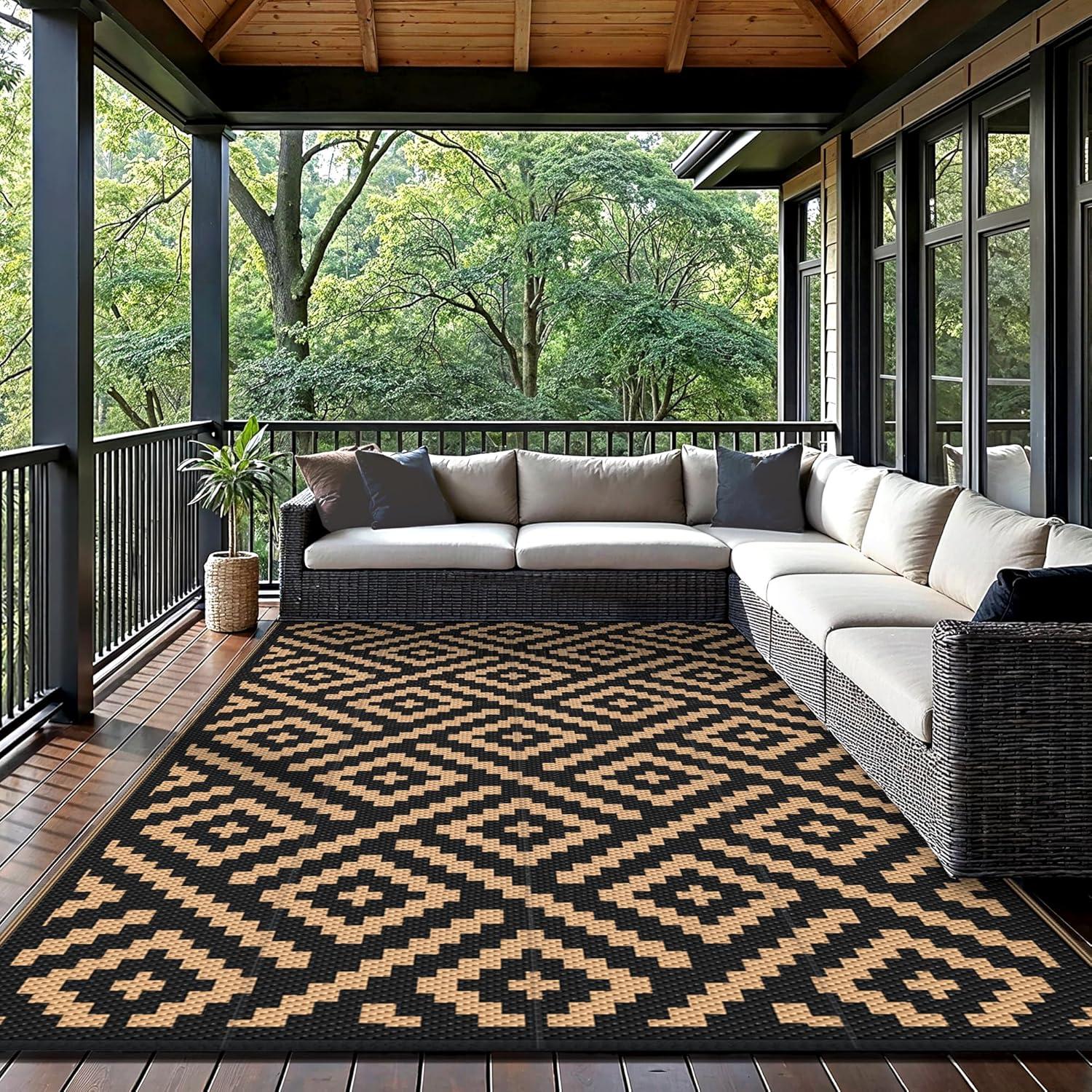 imageGENIMO Outdoor Rug for Patio Clearance9x18 Waterproof MatReversible Plastic Camping RugsRvPorchDeckCamperBalconyBackyardBlack ampamp GrayBlackbrown