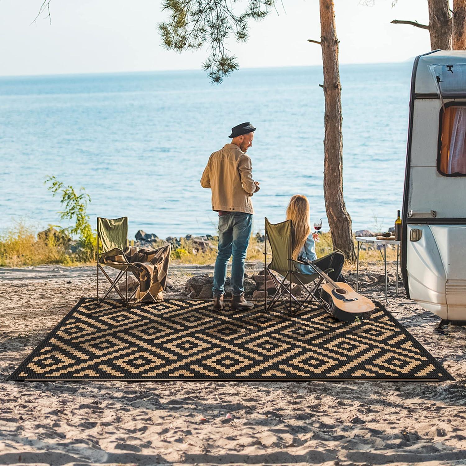 imageGENIMO Outdoor Rug for Patio Clearance9x18 Waterproof MatReversible Plastic Camping RugsRvPorchDeckCamperBalconyBackyardBlack ampamp GrayBlackbrown