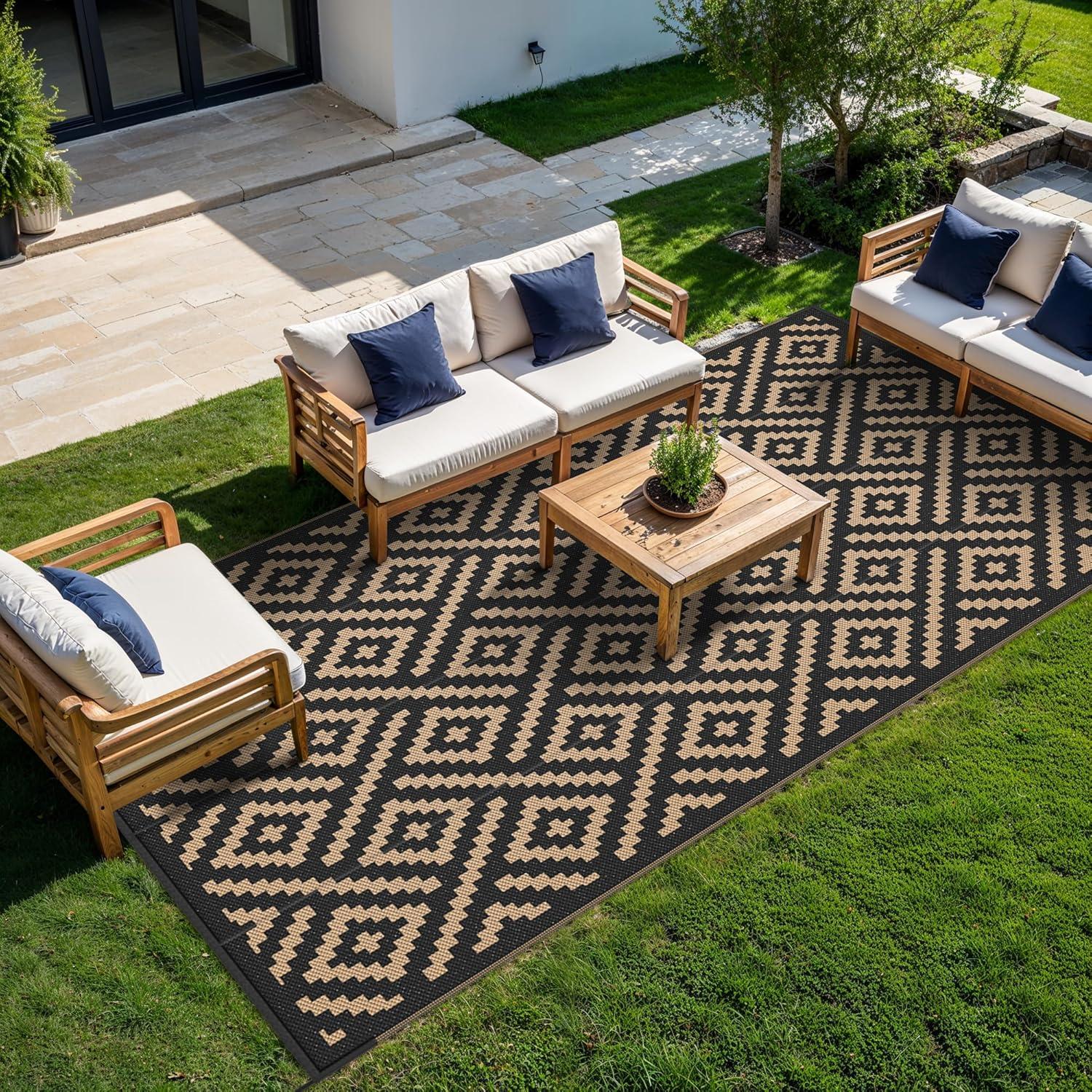 imageGENIMO Outdoor Rug for Patio Clearance9x18 Waterproof MatReversible Plastic Camping RugsRvPorchDeckCamperBalconyBackyardBlack ampamp GrayBlackbrown
