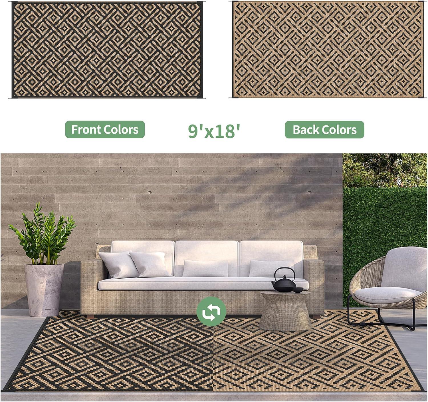imageGENIMO Outdoor Rug for Patio Clearance9x18 Waterproof MatReversible Plastic Camping RugsRvPorchDeckCamperBalconyBackyardBlack ampamp GrayBlackbrown