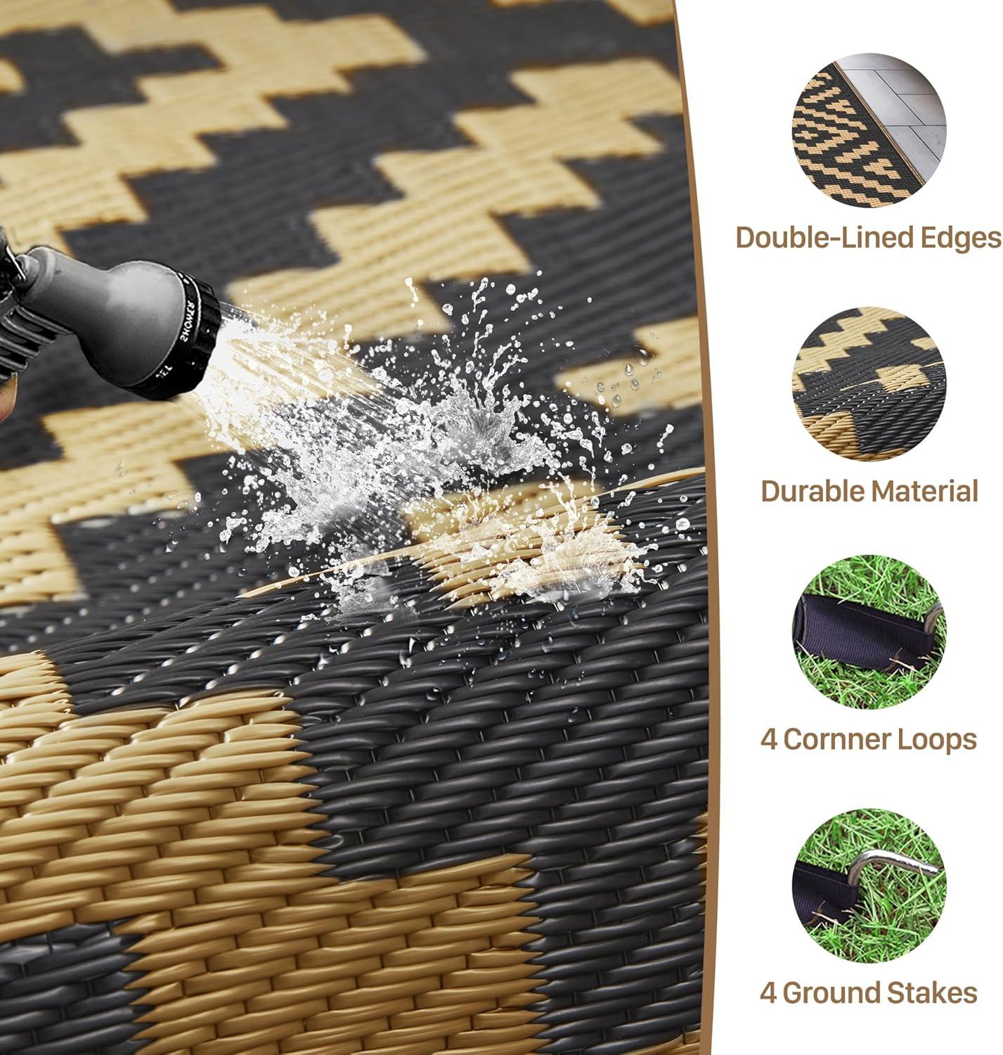 imageGENIMO Outdoor Rug for Patio Clearance9x18 Waterproof MatReversible Plastic Camping RugsRvPorchDeckCamperBalconyBackyardBlack ampamp GrayBlackbrown